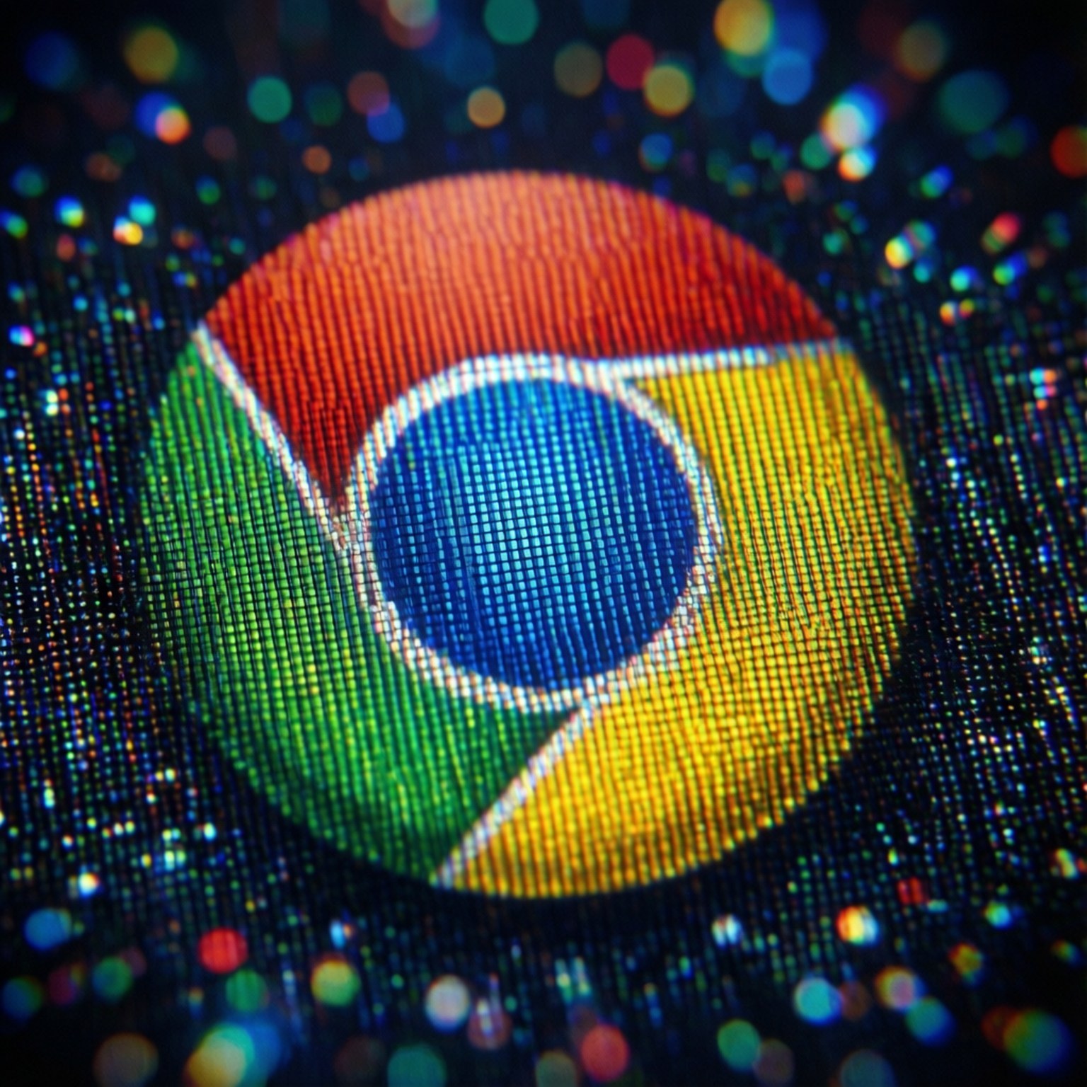 Chrome Pixel Macro 壁紙 — Google Chrome 標誌在像素化螢幕上發光的特寫，背景有彩色散景燈光。