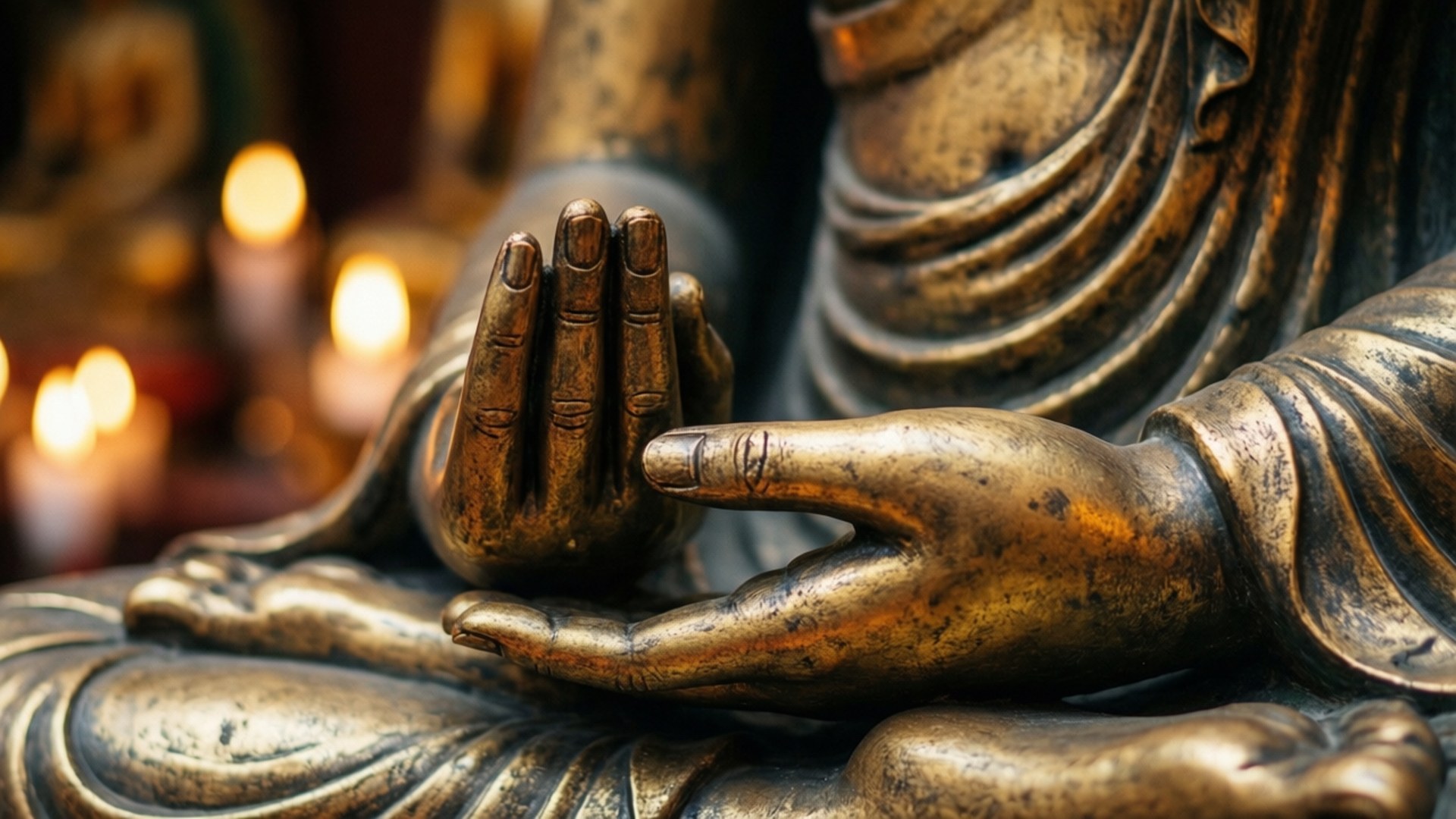 Buddha Hands in Mudra 壁紙 — 金色佛像雙手合十冥想姿勢的特寫，背景有柔和燭光閃爍。
