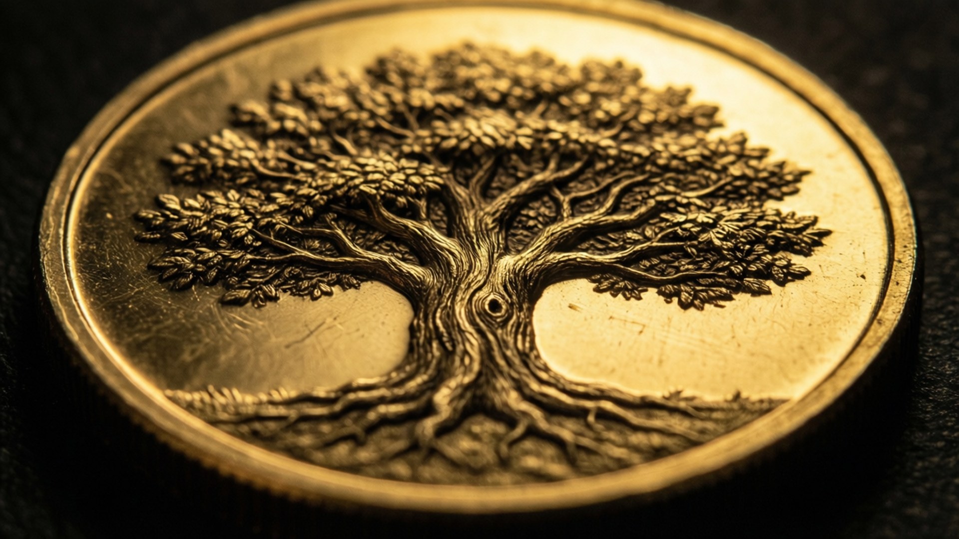 Tree Coin 壁紙 — 金幣特寫，帶有詳細浮雕樹木，樹根和樹葉錯綜複雜，在溫暖燈光下。