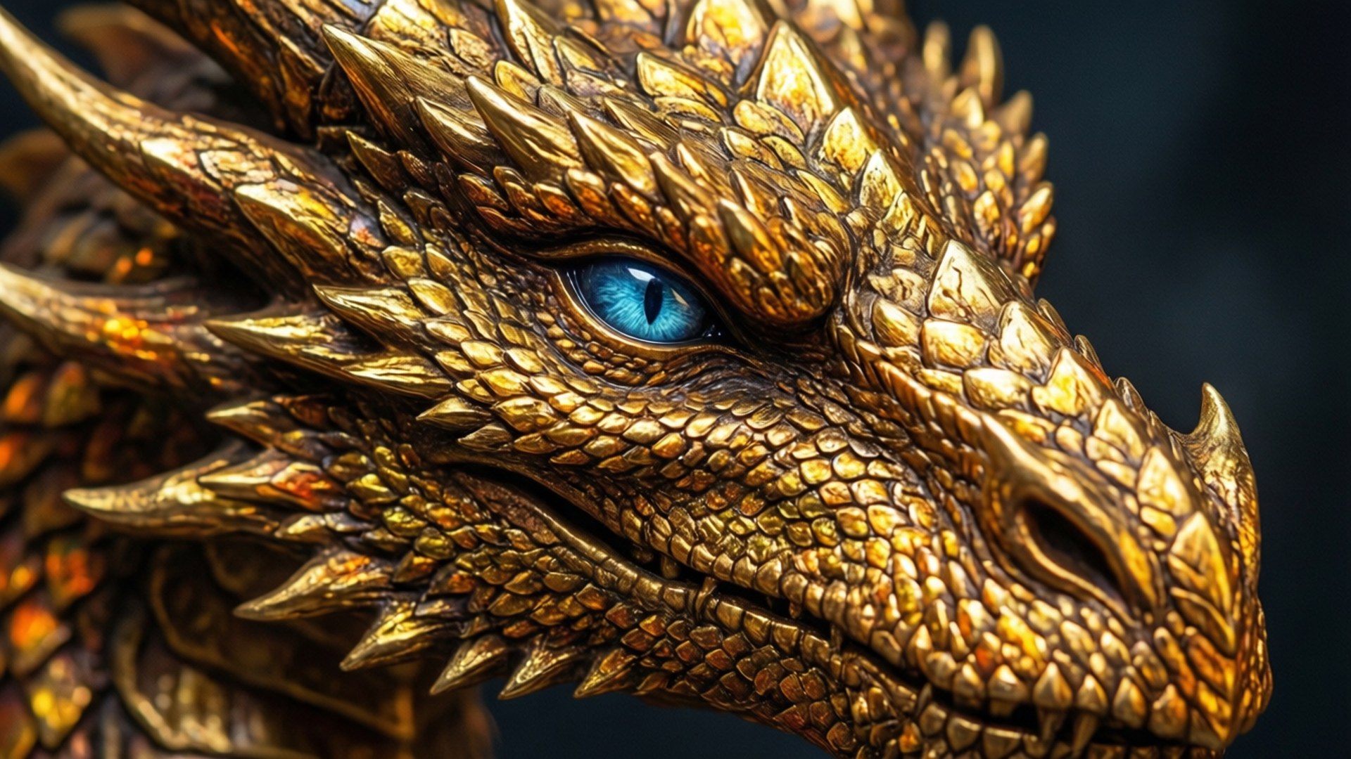 Golden Gaze 壁紙 — 金色龍頭特寫，帶有複雜鱗片和銳利藍色眼睛，背景為深色。