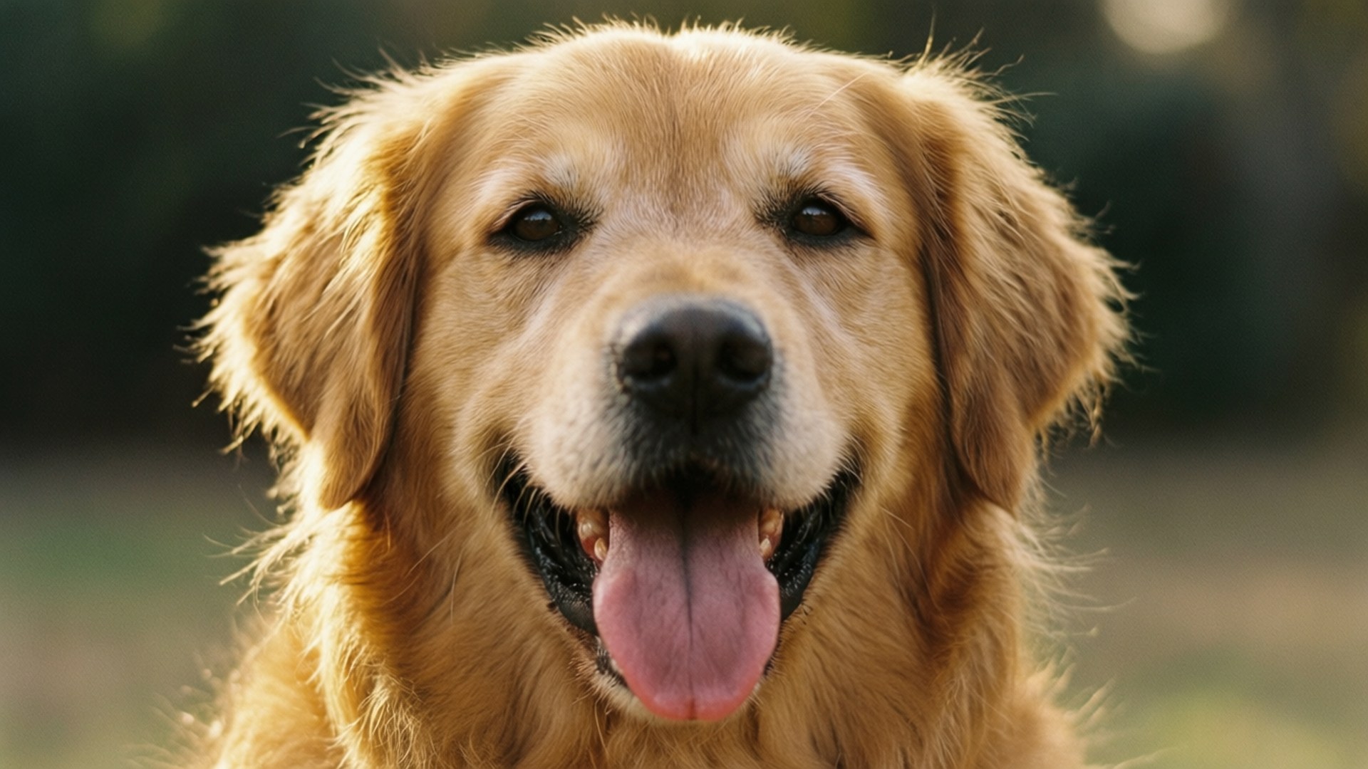 Smiling Golden Retriever 壁紙 — 黃金獵犬的特寫，表情開心，舌頭伸出，背景模糊自然。