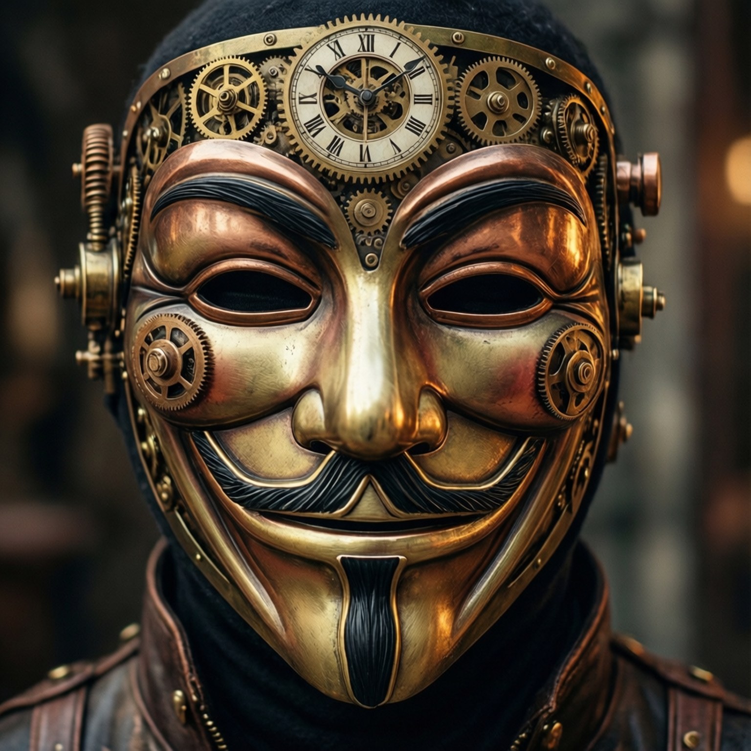 Clockwork Anonymity 壁紙 — 金色蒸氣龐克面具的特寫，額頭上有時鐘齒輪和羅馬數字時鐘。
