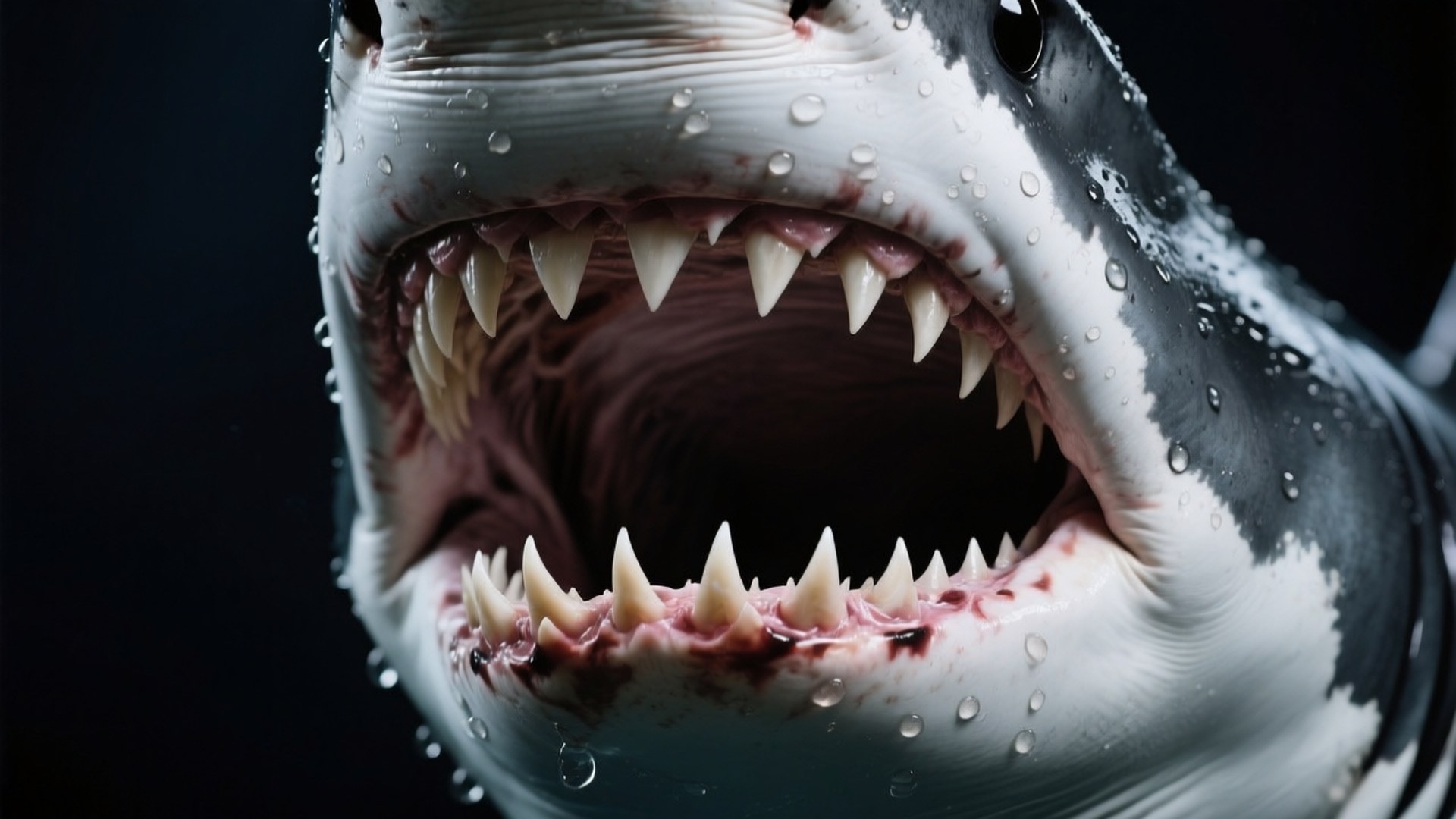 Jaws Open 壁紙 — 大白鯊張開嘴巴的特寫，露出鋒利的牙齒和閃閃發光的水滴，背景為深色。