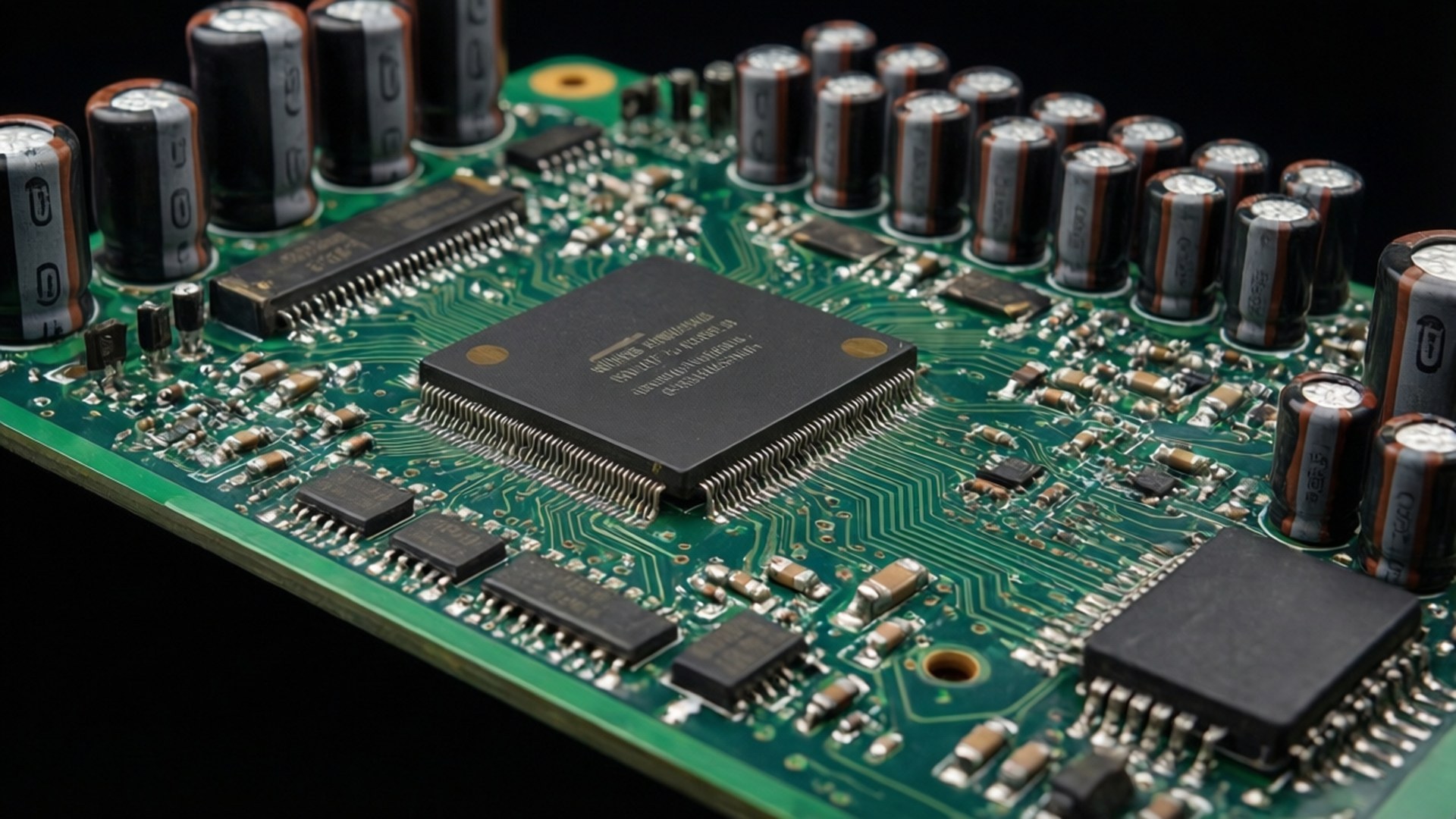 Component Circuit 壁紙 — 綠色電路板特寫，中央有一個黑色微晶片，周圍環繞著圓柱形電容器和複雜的銀色走線。
