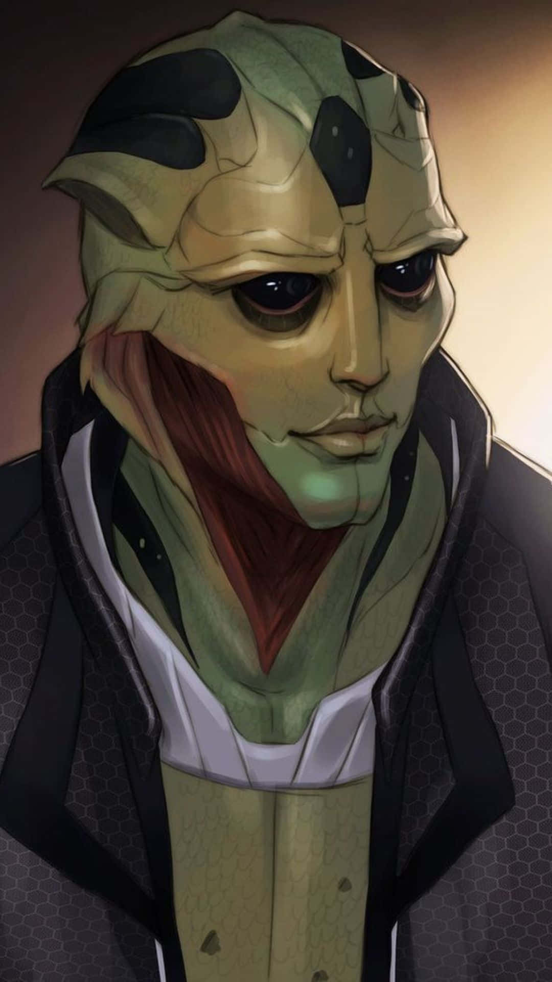 Thane Krios 桌布 壁紙 — 一個綠色皮膚、帶有黑色斑紋和紅色喉嚨肌肉的外星人特寫，身穿深色外套。