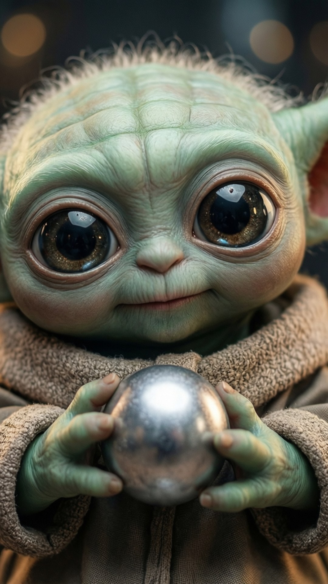 Baby Yoda Close-Up 壁紙 — 一個綠色皮膚、大眼睛的嬰兒外星人特寫，手持閃亮的銀色球體。
