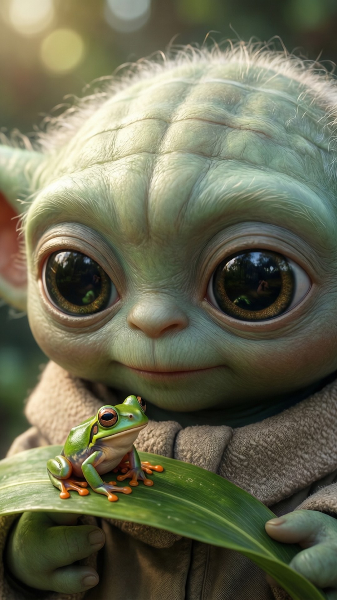 Baby Yoda and the Frog 壁紙 — 一個綠色皮膚、像小孩的外星人，有大眼睛，輕輕拿著一片葉子，上面有一隻綠色小青蛙。