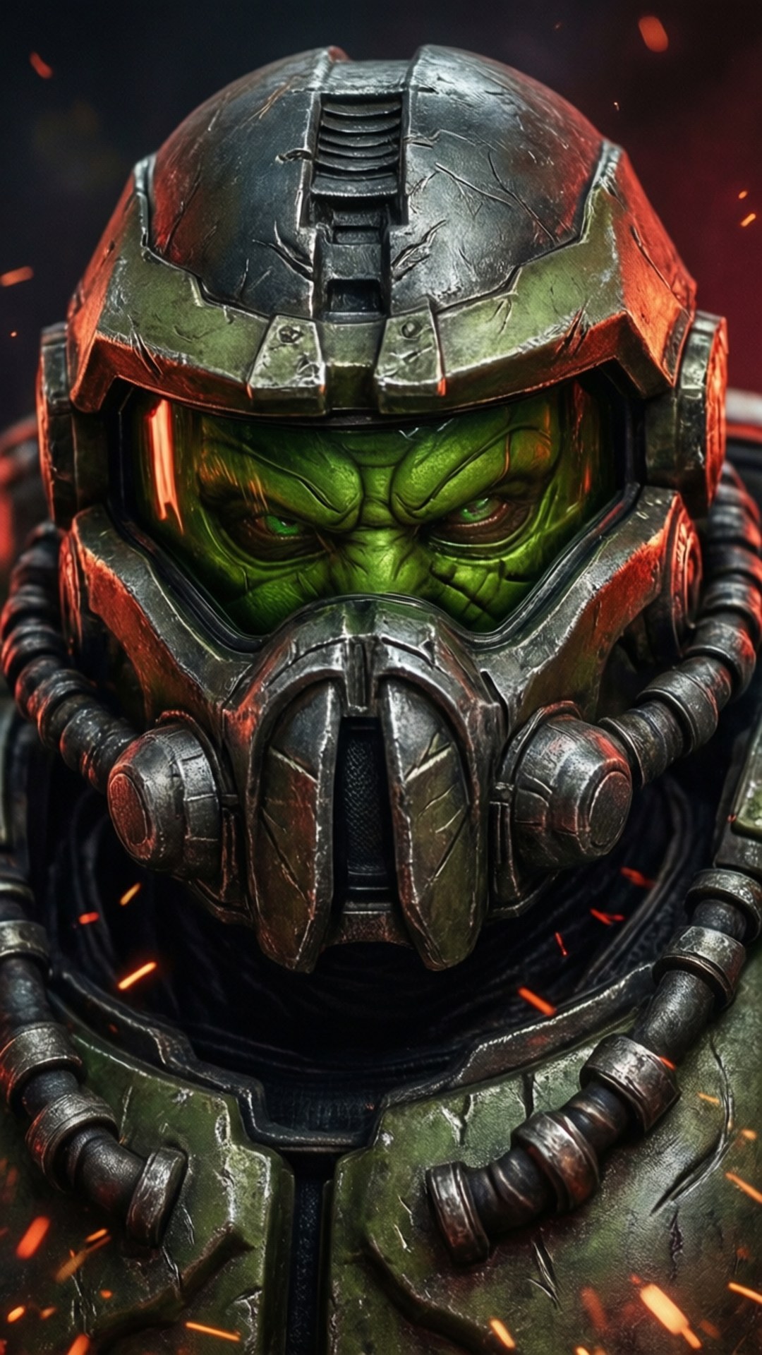 Visor of Vengeance 壁紙 — 近距離拍攝一名綠色皮膚的戰士，戴著重型裝甲頭盔，眼睛發光，周圍有火花飛舞。