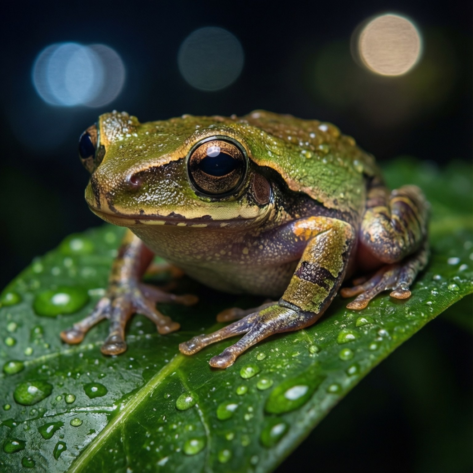 Coquí Frog on Leaf 壁紙 — 特寫一隻綠色樹蛙，皮膚上有露珠，棲息在一片葉子上，背景為深色散景。