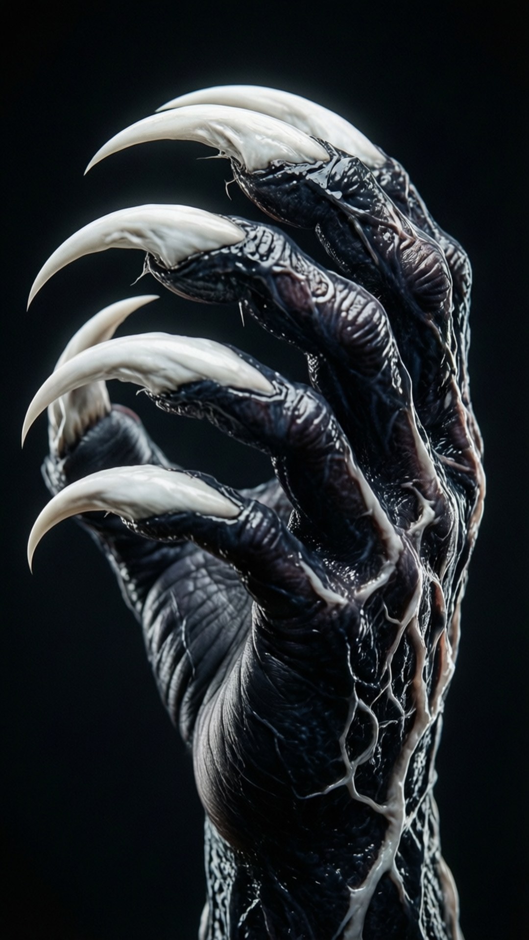 Claws of Anti-Venom 壁紙 — 特寫一隻怪異的黑色爪手，帶有白色彎曲的爪子，背景為深色。