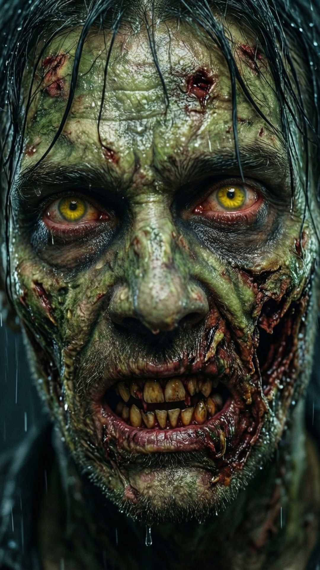 Rotting Zombie Close-Up 壁紙 — 一個近距離拍攝的怪誕殭屍，綠色腐爛皮膚、黃色眼睛和血淋淋的牙齒，在雨中。