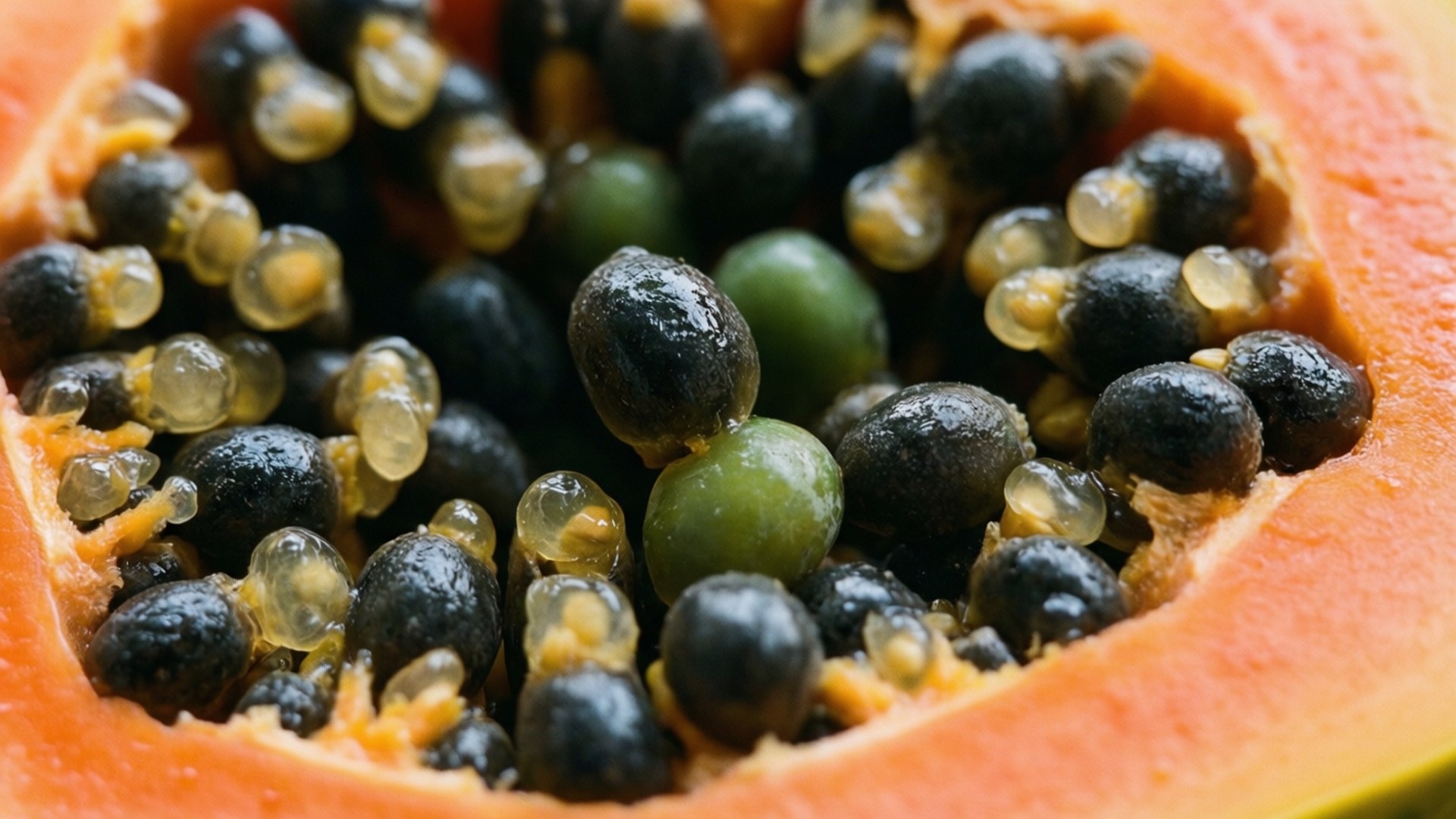 Papaya Seeds Close-Up 壁紙 — 半個木瓜的特寫，露出多汁的橙色果肉和帶有半透明凝膠狀塗層的閃亮黑色種子。