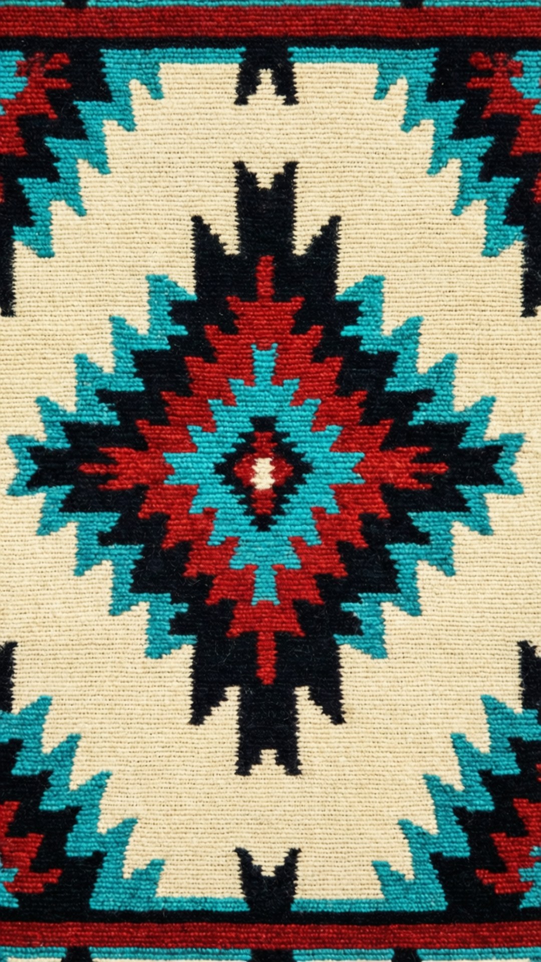 Navajo Weaving 壁紙 — 手工編織的西南風格地毯特寫，帶有紅色、藍綠色、黑色和奶油色的醒目幾何圖案。