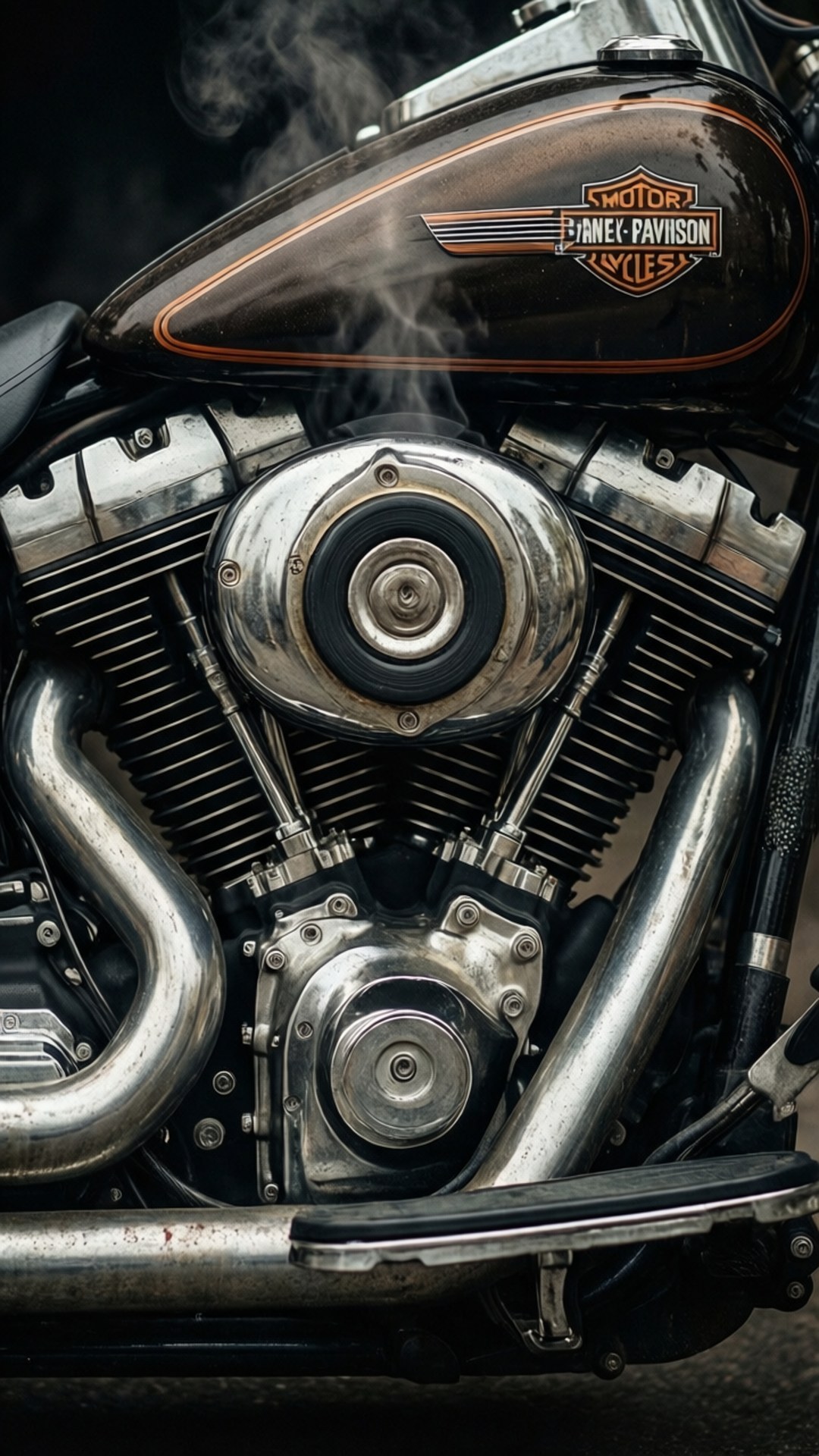 Engine Beast Close-Up 壁紙 — 哈雷戴維森機車引擎特寫，蒸氣從其鍍鉻部件和黑色油箱升起。