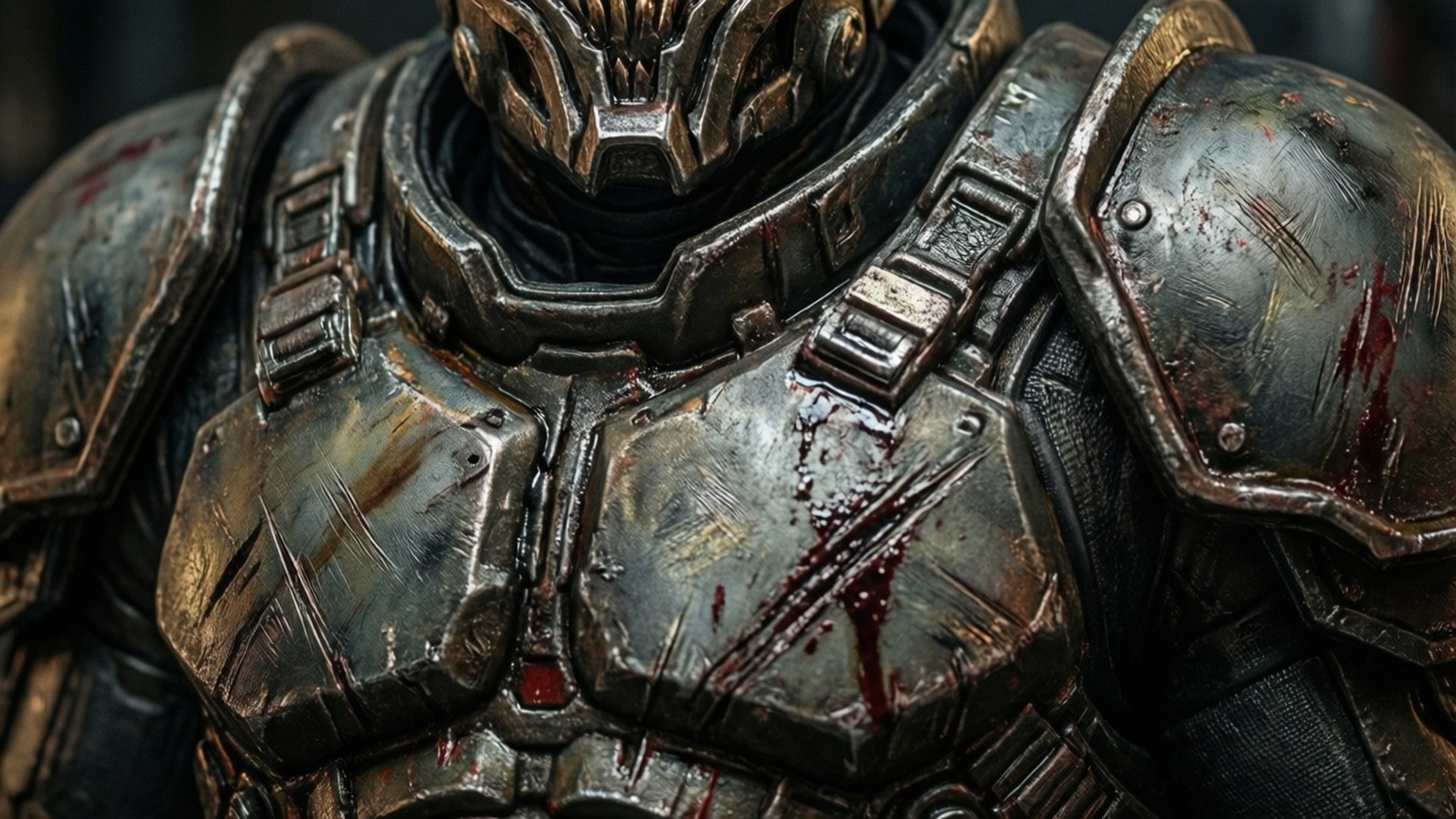 Armor's Battle Scars 壁紙 — 近距離拍攝一個佈滿傷痕和血跡的未來裝甲戰士胸甲，帶有複雜的金屬細節。