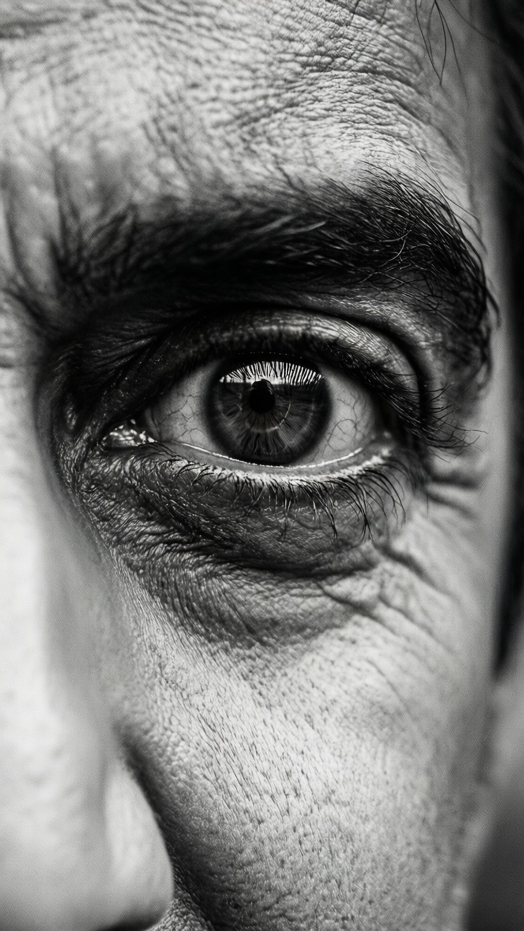 Eyes Close-Up 壁紙 — 一張清晰的黑白特寫，展示人類眼睛，帶有深皺紋和細緻的睫毛。