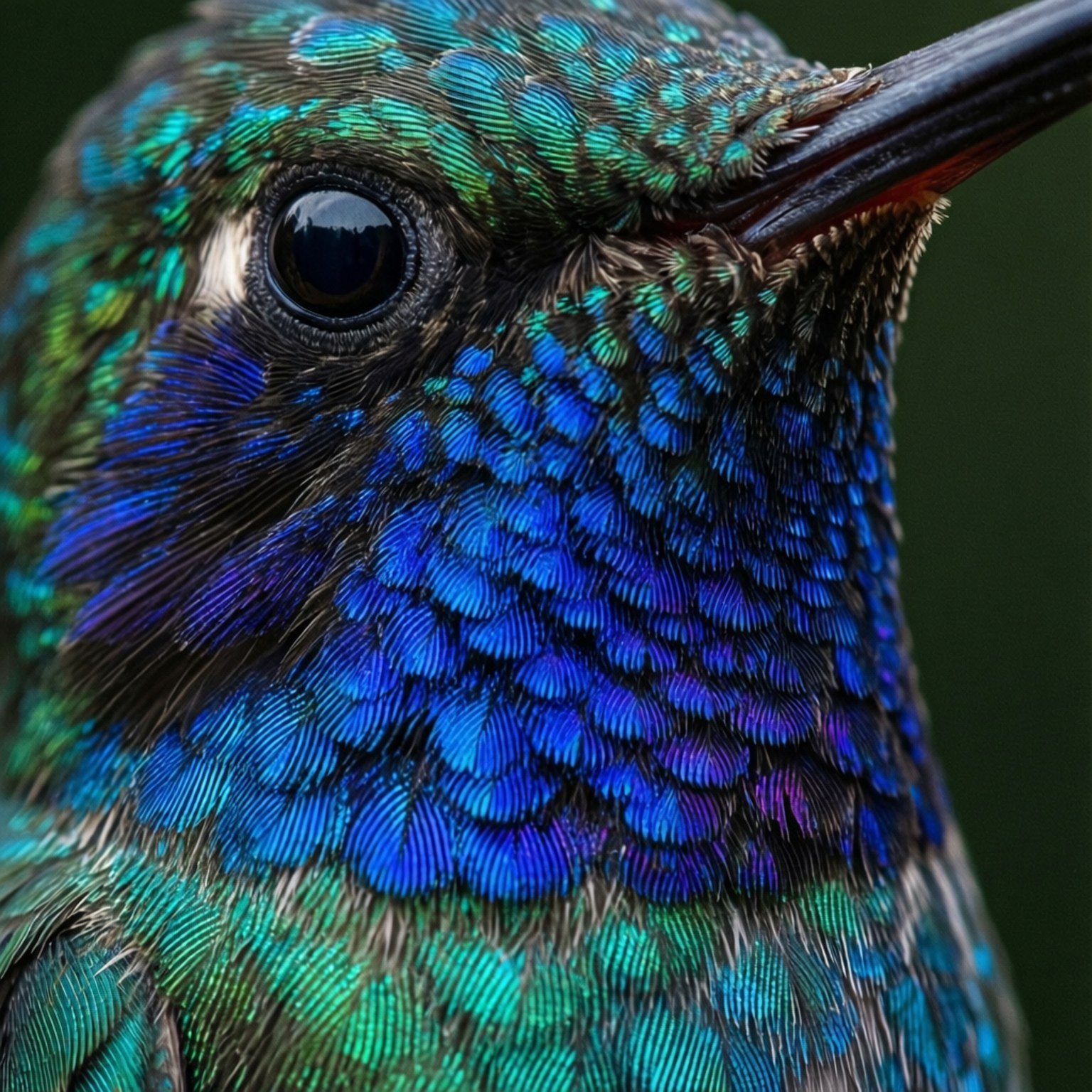 Iridescent Throat 壁紙 — 蜂鳥頭部特寫，展現出虹彩藍綠色羽毛、尖銳的黑色喙和光澤的眼睛。