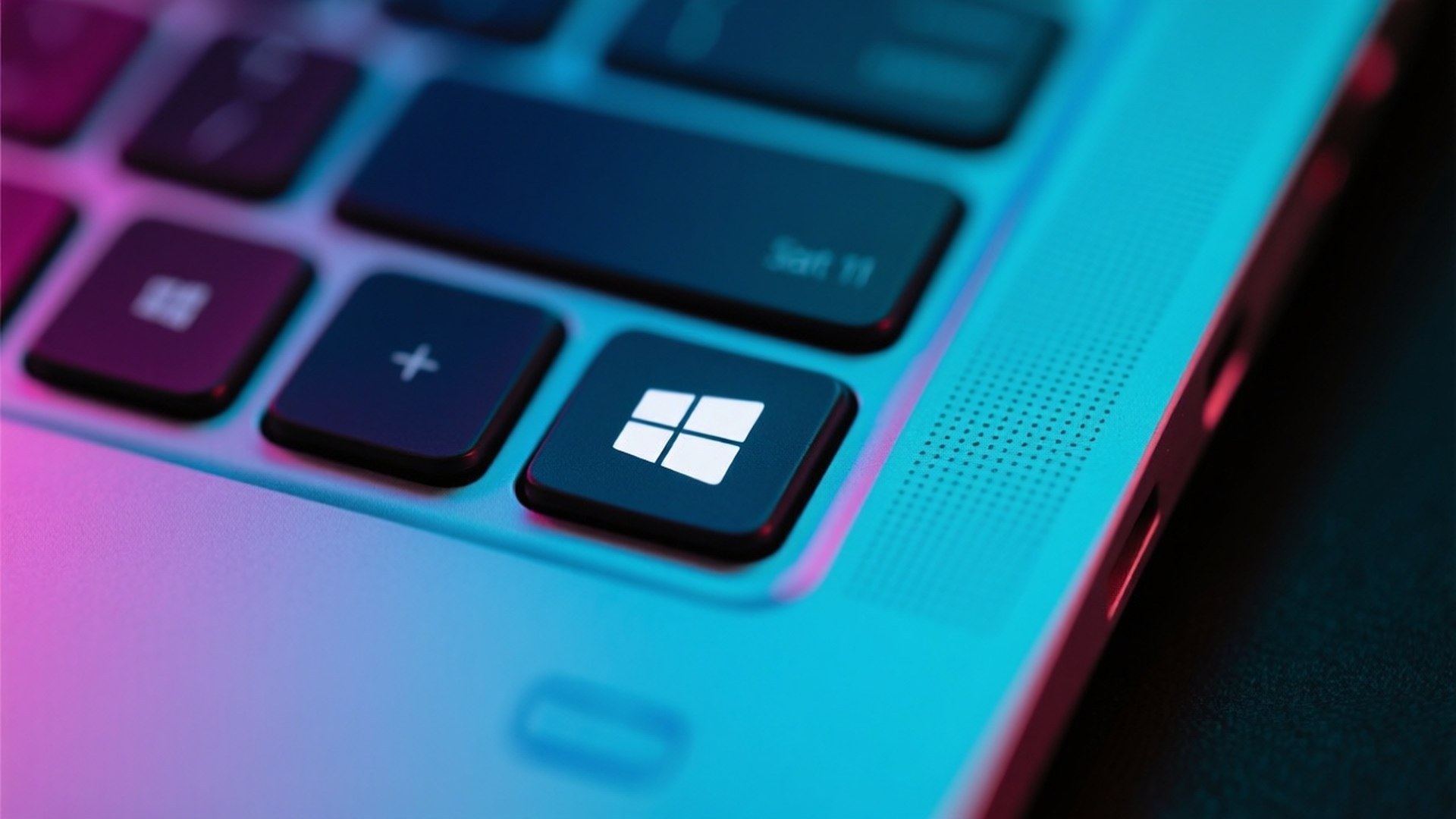 筆記型電腦鍵盤，Windows 鍵周圍有鮮豔的藍色和紫色背光。 — Windows 11 壁紙