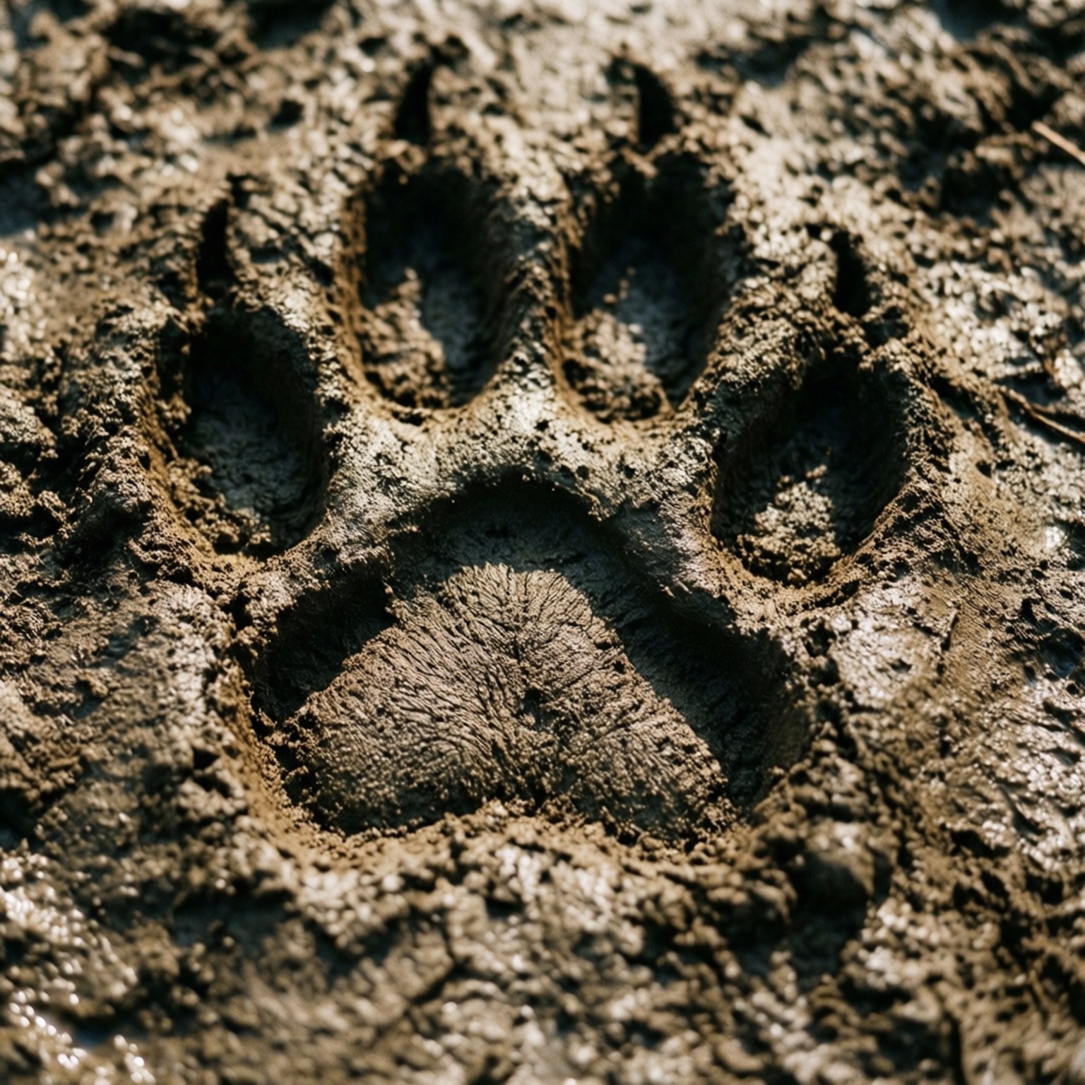 Bear Paw Print 壁紙 — 一個大型動物腳印的特寫，壓在潮濕泥濘的土地上，具有可見的紋理和細節。