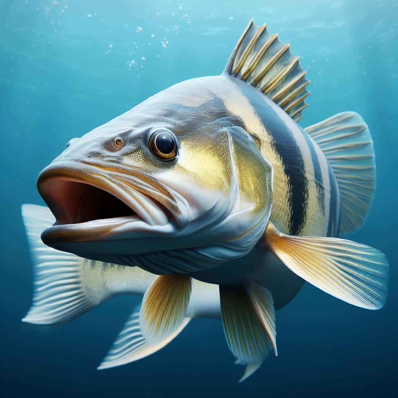  壁紙 — 一條大條紋魚張開嘴巴在清澈藍色水中游泳，氣泡上升的特寫。