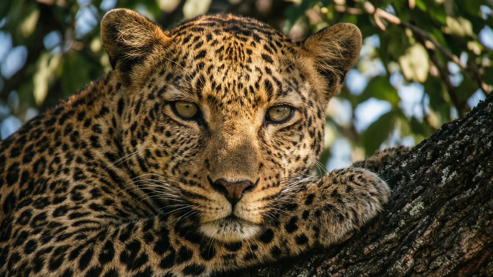 Leopard in the Leaves 壁紙 — 近距離拍攝一隻豹在樹上休息，眼神銳利，身上有斑點皮毛，背景是綠色樹葉。