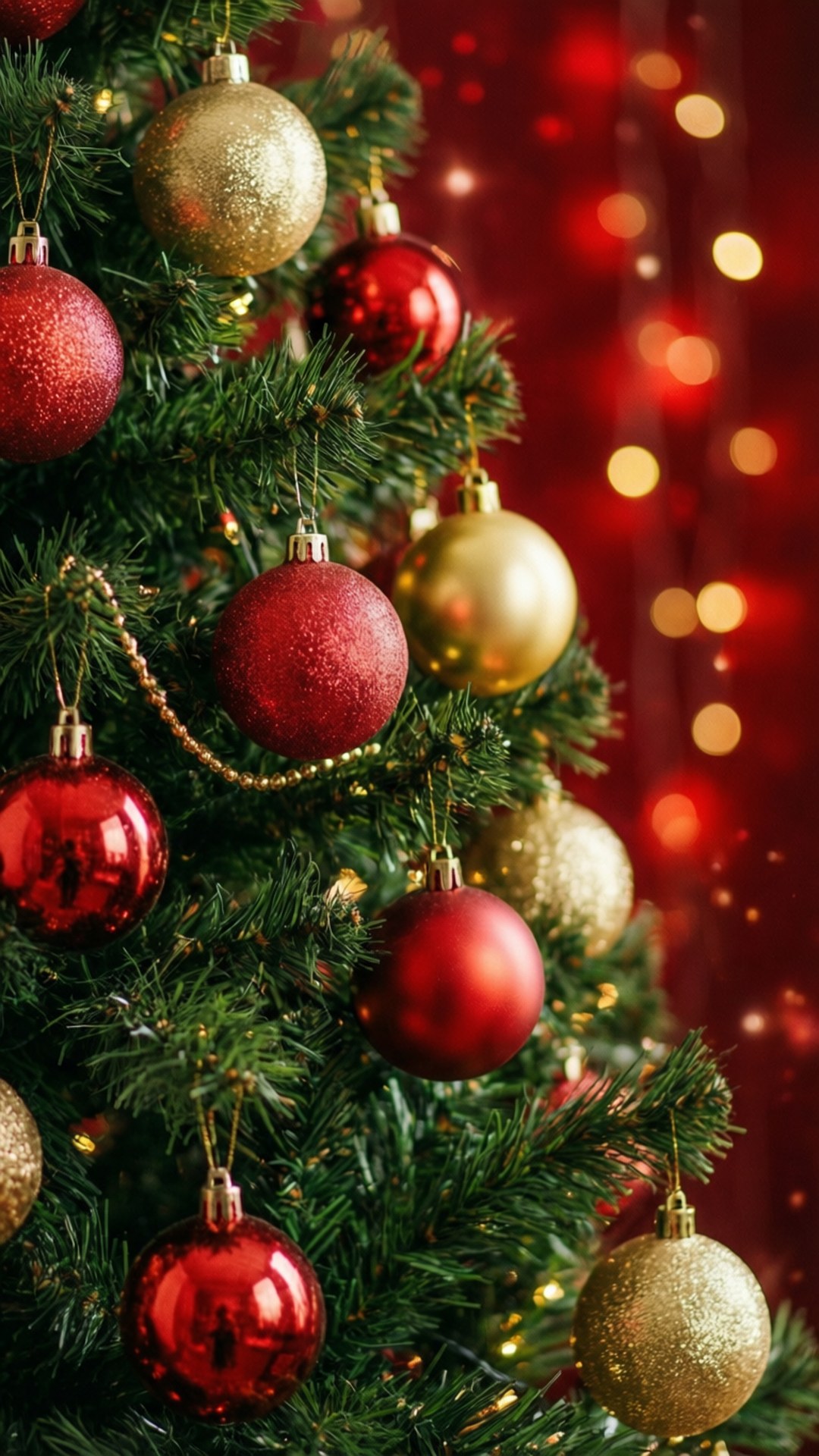 Red Ornament Christmas Tree 壁紙 — 特寫鏡頭：一棵茂盛的綠色聖誕樹，裝飾著閃亮的紅色和金色飾物，背景是發光的紅色散景。