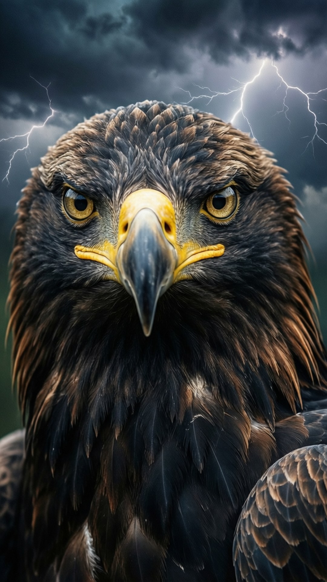 Fierce Eagle Portrait in Storm 壁紙 — 一隻雄偉的鷹的特寫，擁有銳利的黃色眼睛和深色羽毛，背景是暴風雨的天空，有鮮明的閃電。