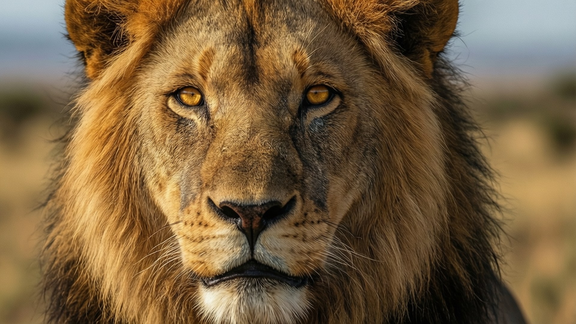 Lion's Golden Gaze 壁紙 — 一頭擁有完整金色鬃毛的雄獅特寫，在模糊的稀樹草原背景下，強烈地凝視著鏡頭。