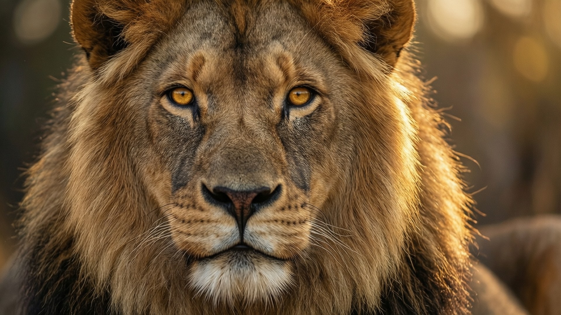 Majestic Lion Close-Up 壁紙 — 一頭雄性獅子的特寫，擁有金色的眼睛和濃密的鬃毛，沐浴在溫暖的陽光下，背景是模糊的自然景色。