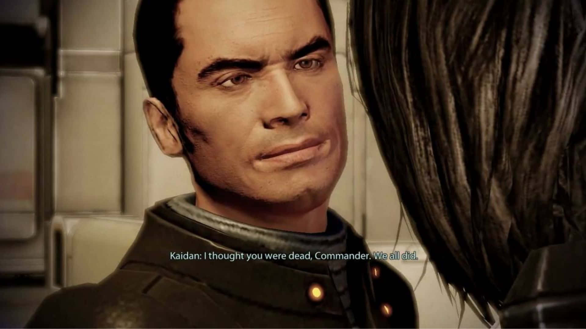 Kaidan Alenko 桌布 壁紙 — 一名身穿深色制服的男人，表情嚴肅，專注地看著另一個人的特寫。