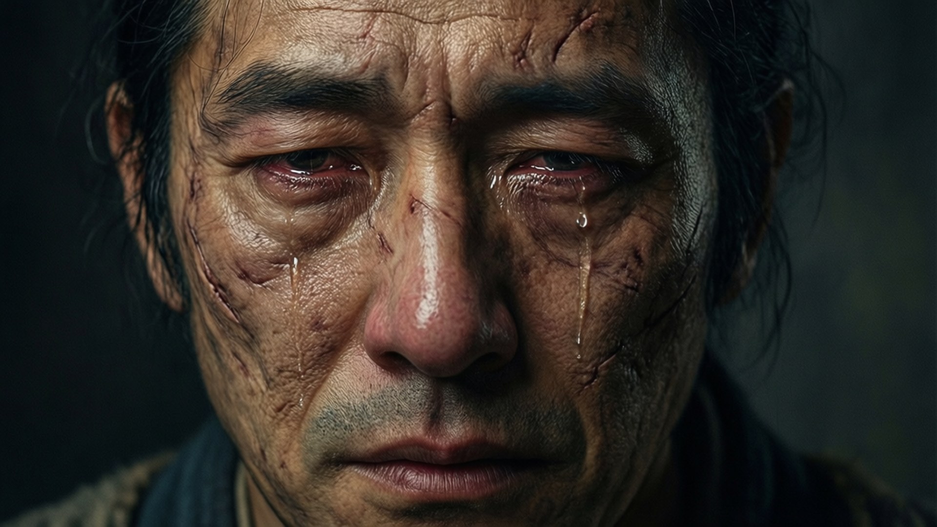 Blind Tears 壁紙 — 一個滿臉鮮血、淚流滿面的男人在昏暗燈光下的特寫。