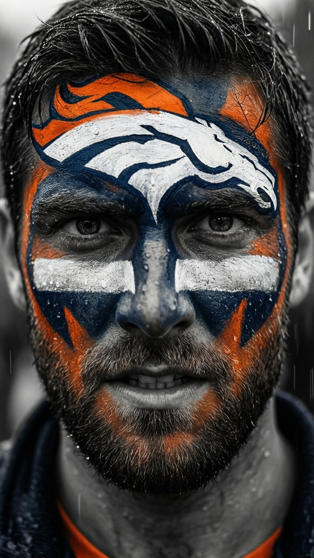 Fan Face Paint 壁紙 — 一名男子近距離特寫，臉上塗有丹佛野馬隊的顏料，在雨中帶著強烈的眼神和濕透的頭髮。