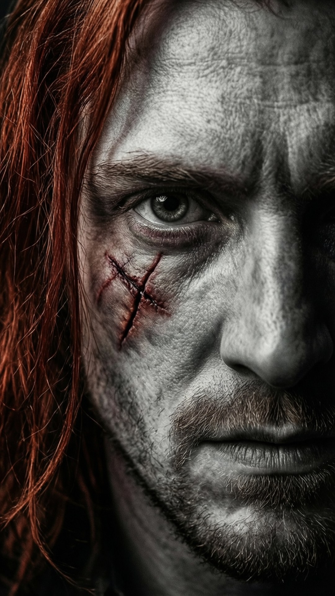 Scars of the Red Hair 壁紙 — 一個紅髮男子臉頰上有縫合傷口的特寫，強烈地凝視著相機。