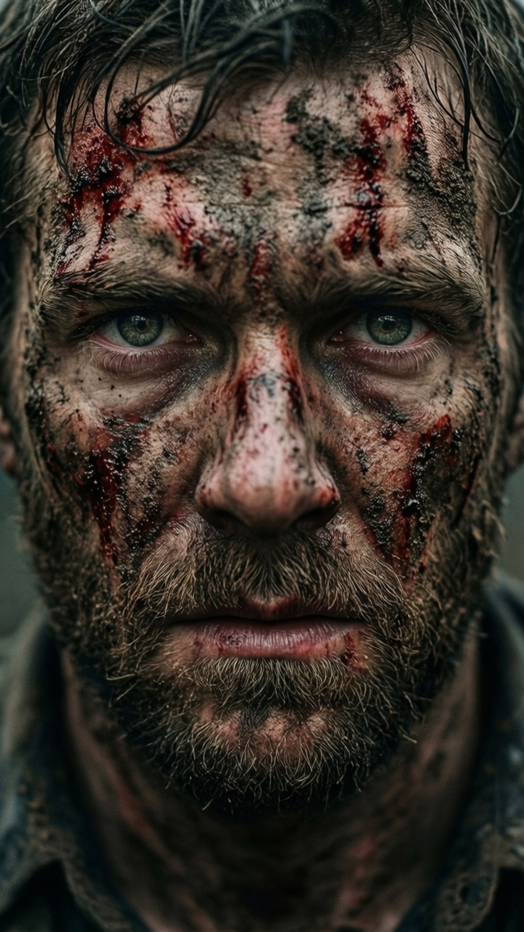 The Survivor's Gaze 壁紙 — 一名男子臉部特寫，沾滿鮮血和污垢，一雙強烈的綠色眼睛直視觀眾。