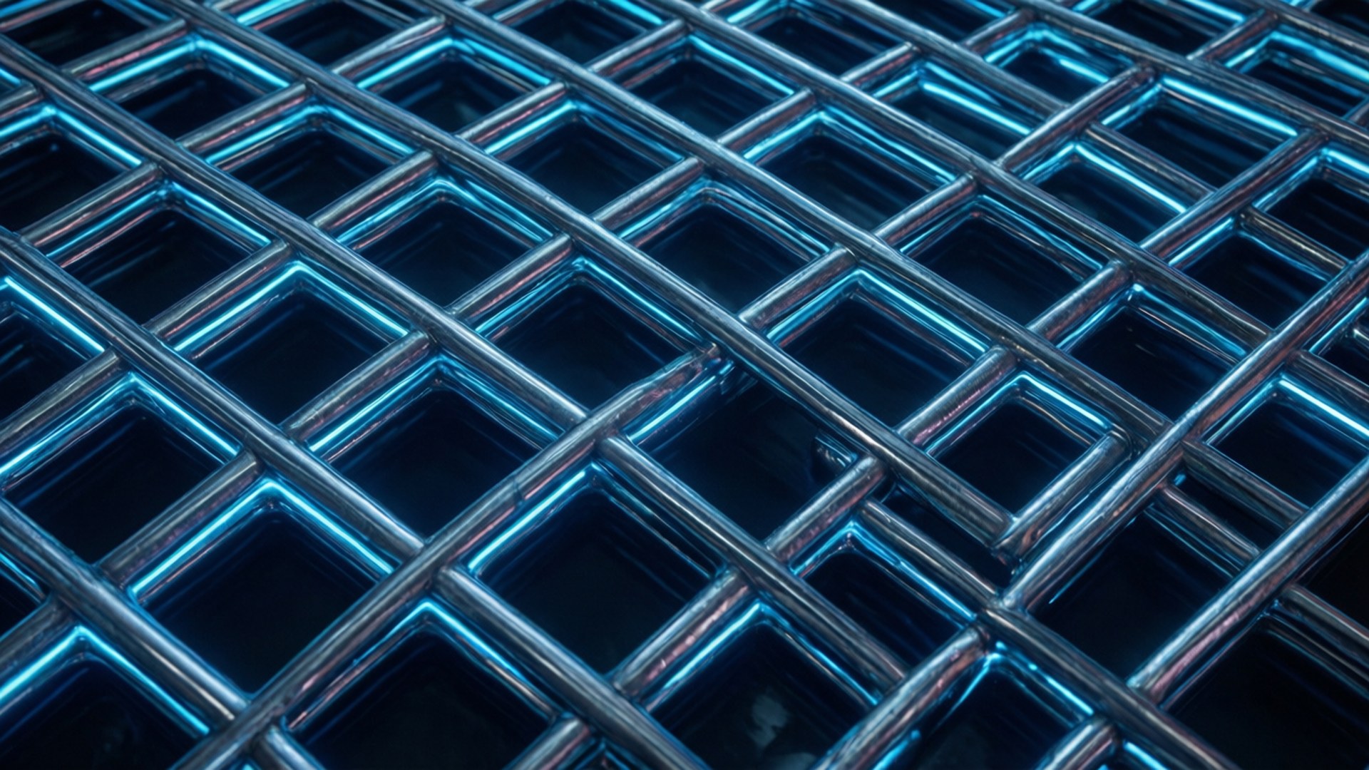 Neon Grid 壁紙 — 金屬網格的特寫，帶有發光的藍色霓虹燈線條，在黑暗背景下照亮交叉的條桿。