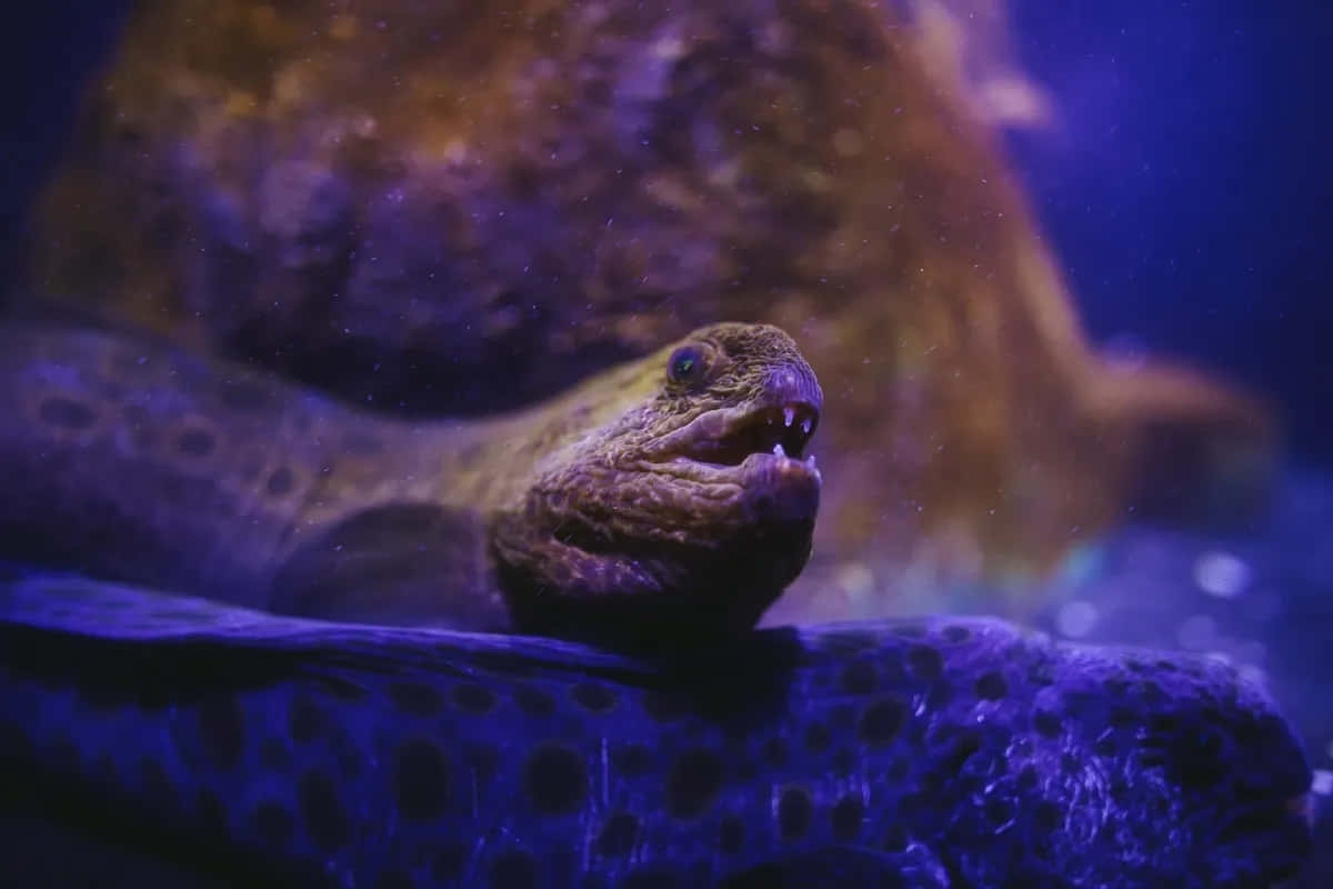  壁紙 — 海鰻的特寫，張開嘴巴露出尖銳牙齒，在藍色水族館燈光下休息在斑點岩石上。