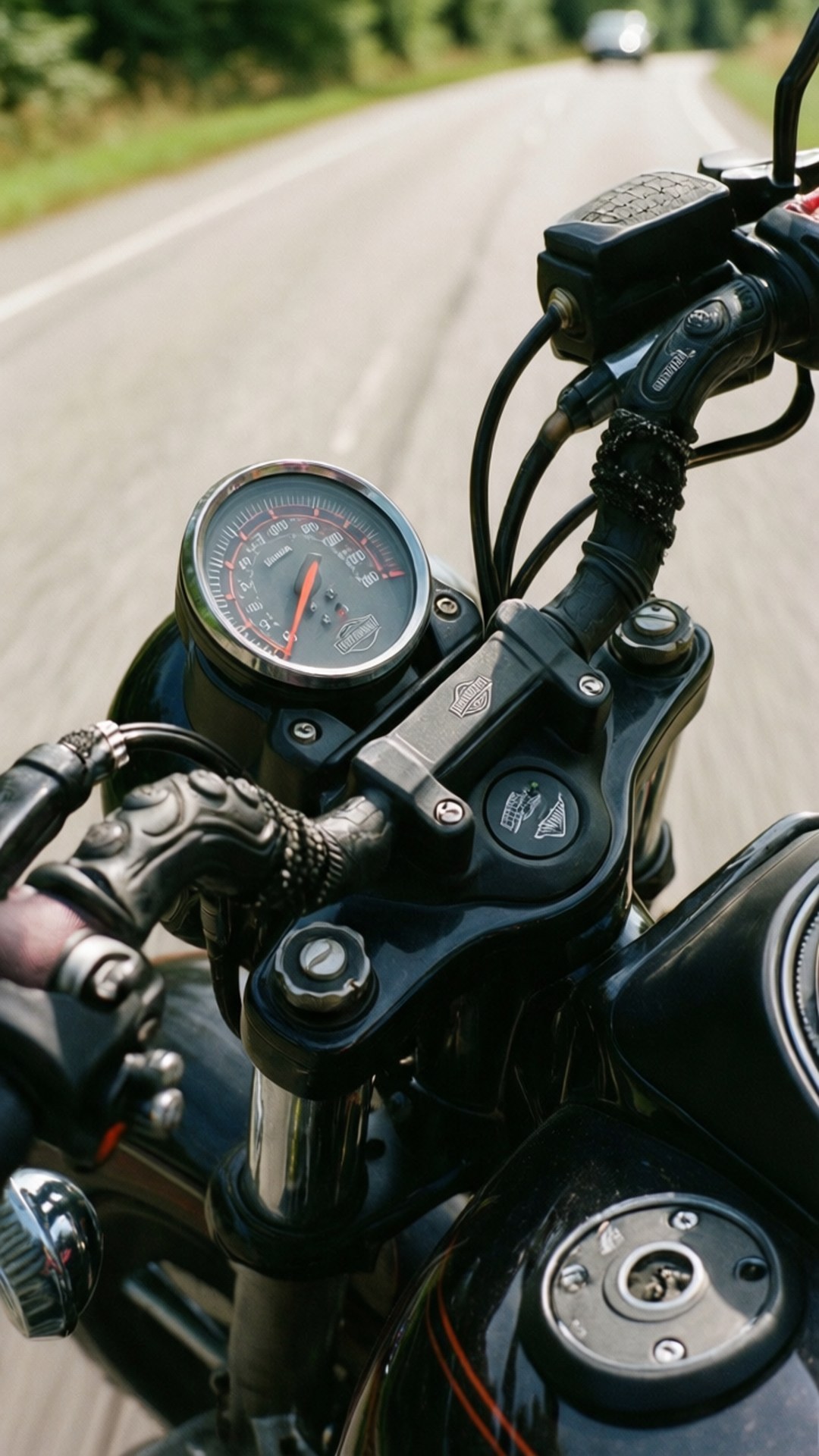 Handlebars in Motion 壁紙 — 摩托車的把手和速度計在陽光明媚的鄉村道路上飛馳的特寫。
