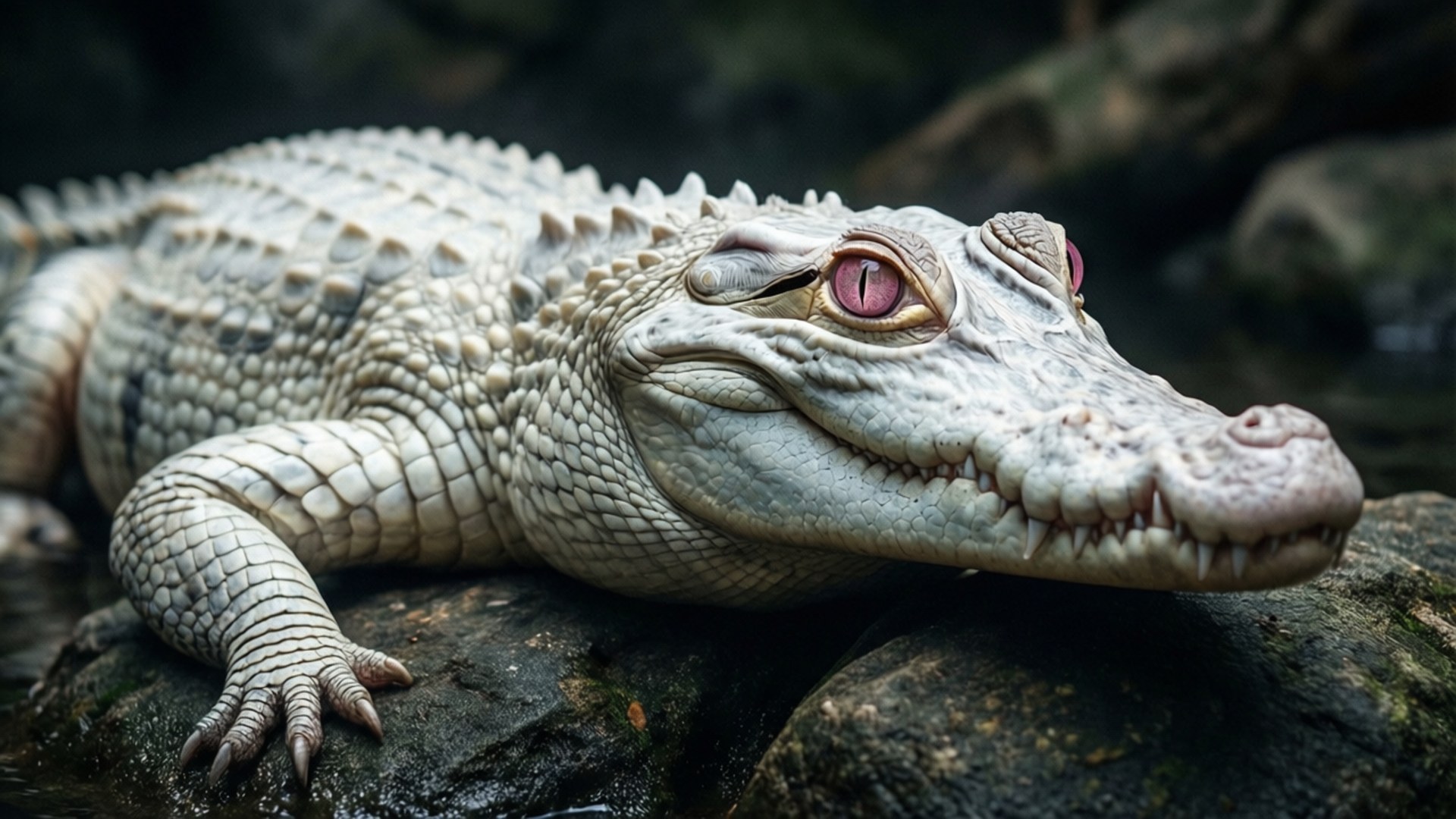 Rare Albino Alligator 壁紙 — 一隻蒼白的短吻鱷特寫，擁有引人注目的粉紅色眼睛，棲息在深色潮濕的岩石上。