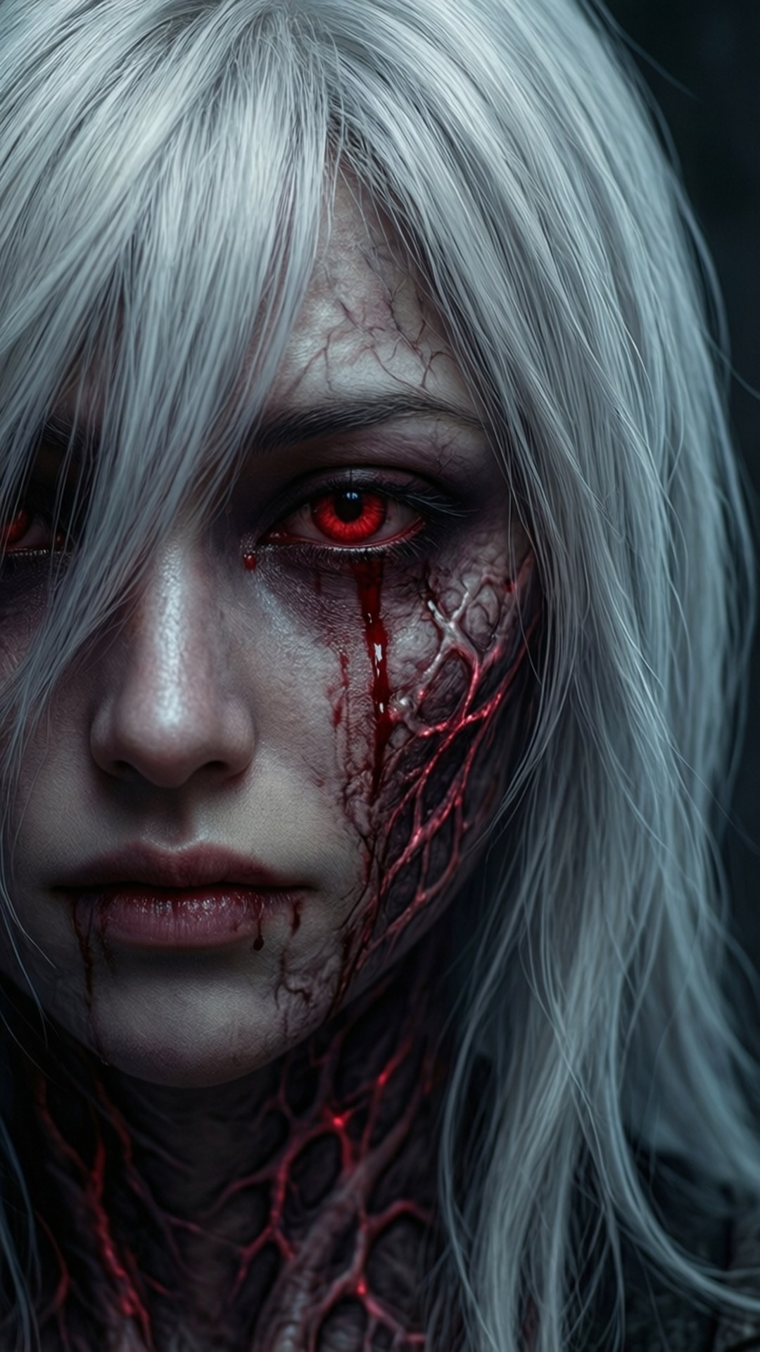Tears of Blood 壁紙 — 一個蒼白女人的特寫，她有銀色頭髮和發光的紅色眼睛，血液和發光的紅色血管在她的臉和脖子上蔓延。