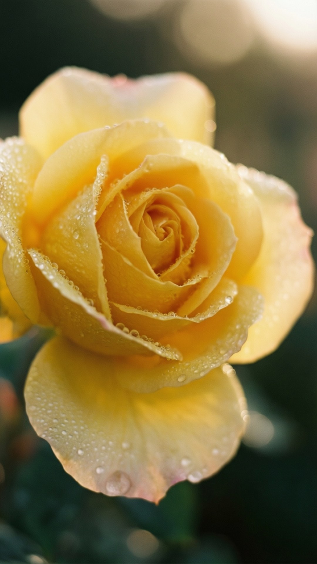 Yellow Rose Dew 壁紙 — 一朵淡黃色玫瑰的特寫，花瓣上閃爍著露珠，背景是柔和的模糊綠色。