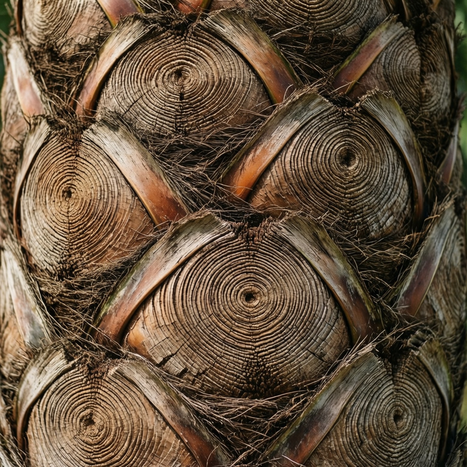 Palm Trunk Texture 壁紙 — 棕櫚樹樹幹的特寫，顯示出複雜的同心環和纖維質地，呈現大地色調的棕色和棕褐色。