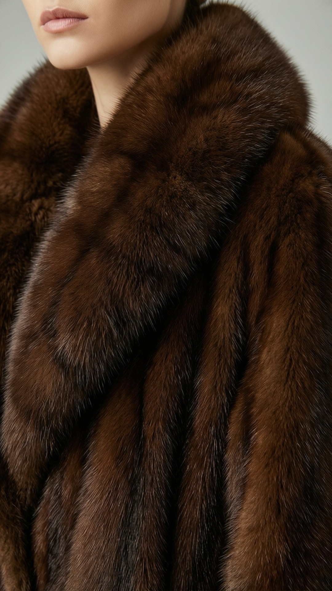 Elegant Mink Fur Coat 壁紙 — 近距離拍攝一個人穿著奢華的深棕色毛皮大衣，配有豐盈的領子。