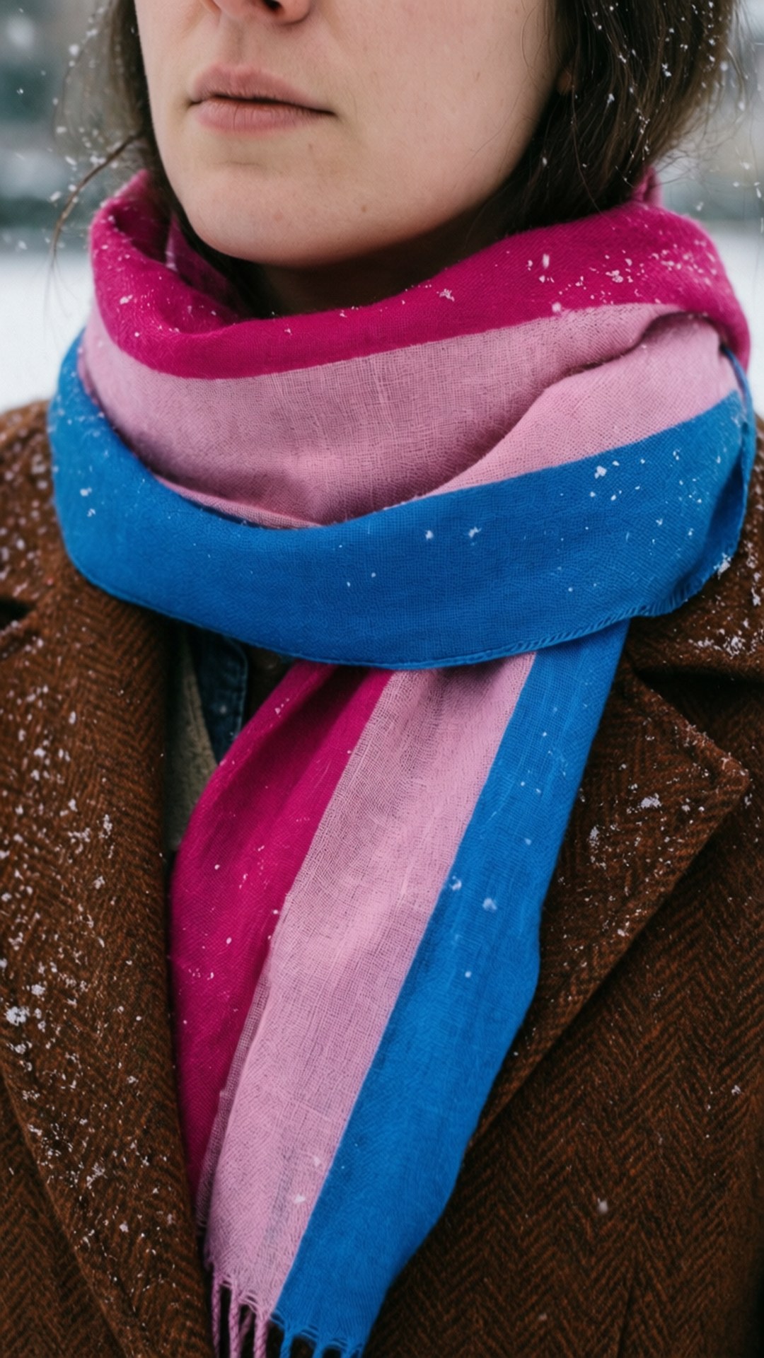 Lesbian Flag Scarf 壁紙 — 冬天，一個人穿著鮮豔的粉紅、藍色和淺粉紅色條紋圍巾，上面沾滿雪花，搭配棕色外套的特寫。