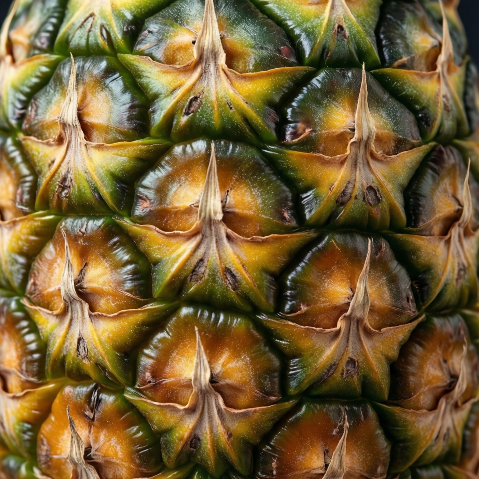 Pineapple Skin Texture 壁紙 — 鳳梨紋理外皮的近距離特寫，顯示綠色和金黃色的鱗片及尖刺。
