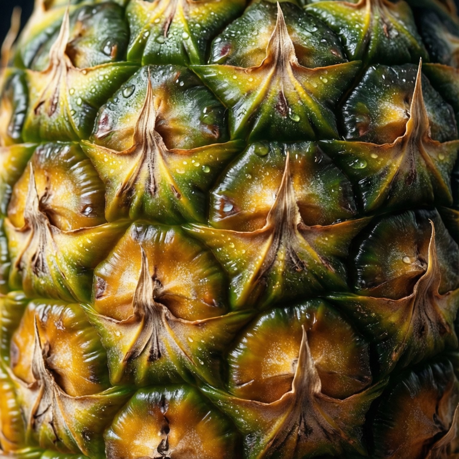 Pineapple Texture Macro 壁紙 — 鳳梨紋理外皮的近距離特寫，帶有綠色、黃色和棕色色調，閃爍著水滴。