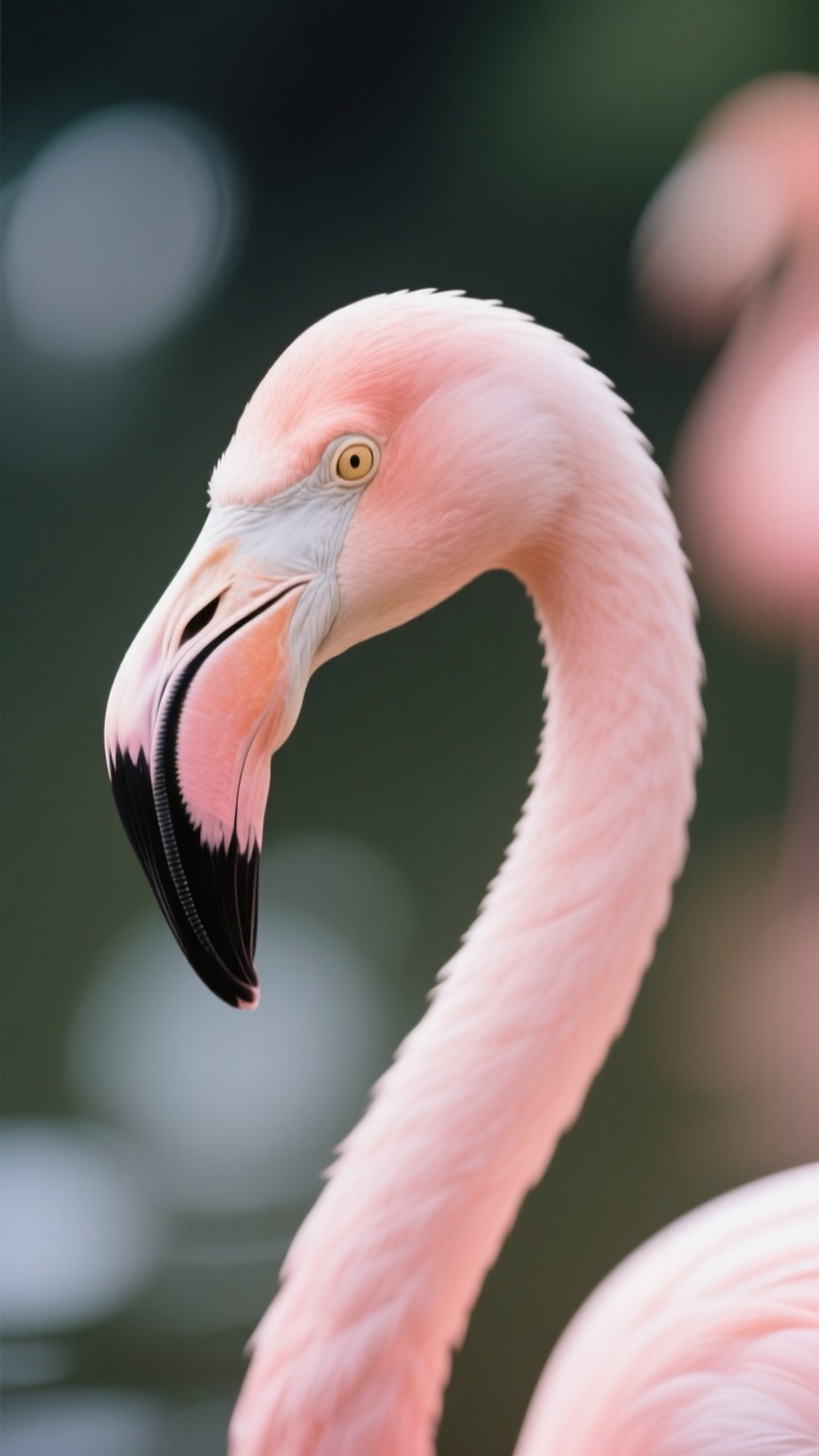Elegant Flamingo Portrait 壁紙 — 粉紅色火鶴頭部和彎曲頸部的特寫，背景為模糊的綠色和白色散景。
