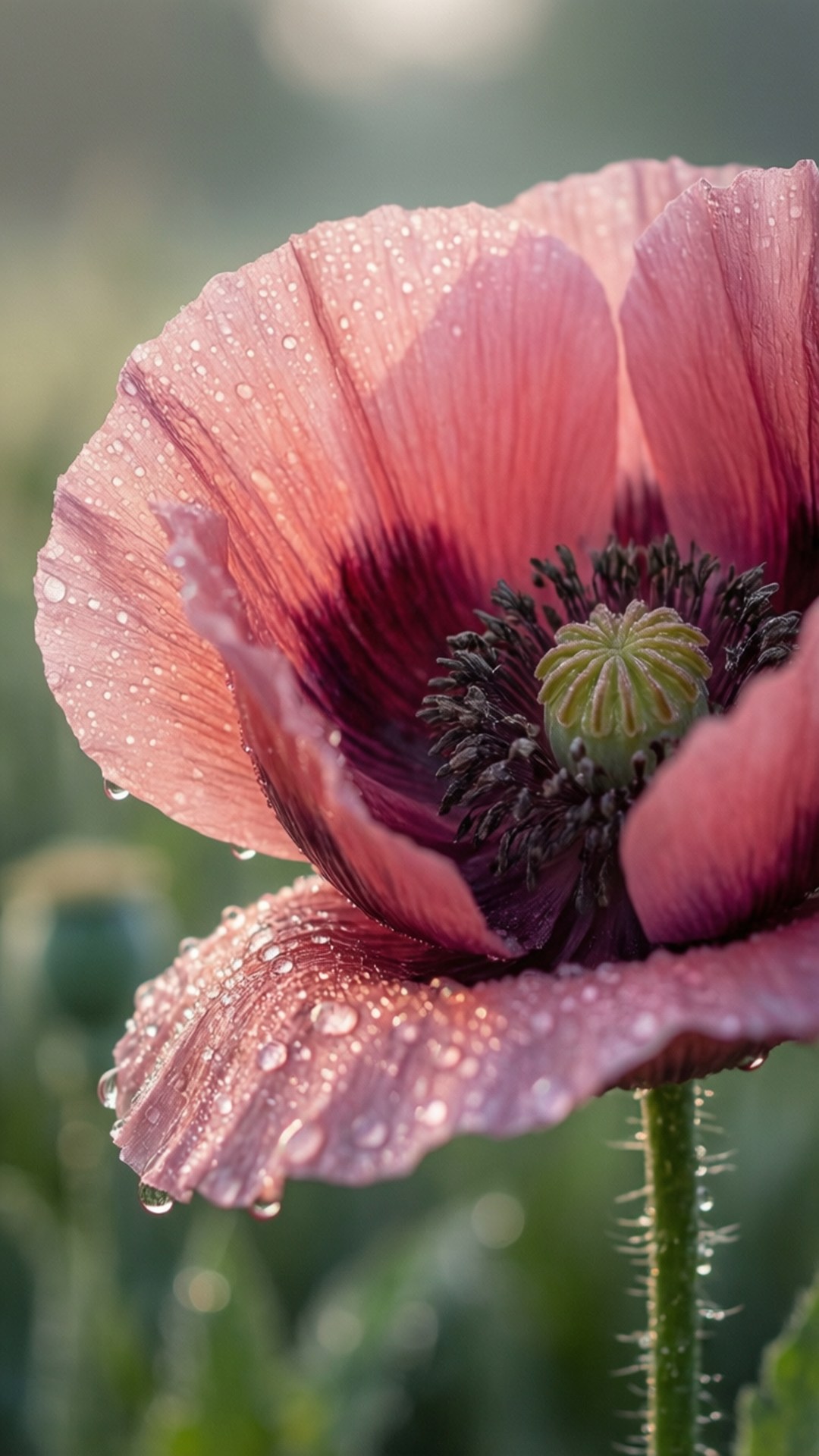 Dewy Pink Poppy 壁紙 — 粉紅色罌粟花的特寫，花瓣上閃爍著露珠，背景是柔和模糊的綠色。