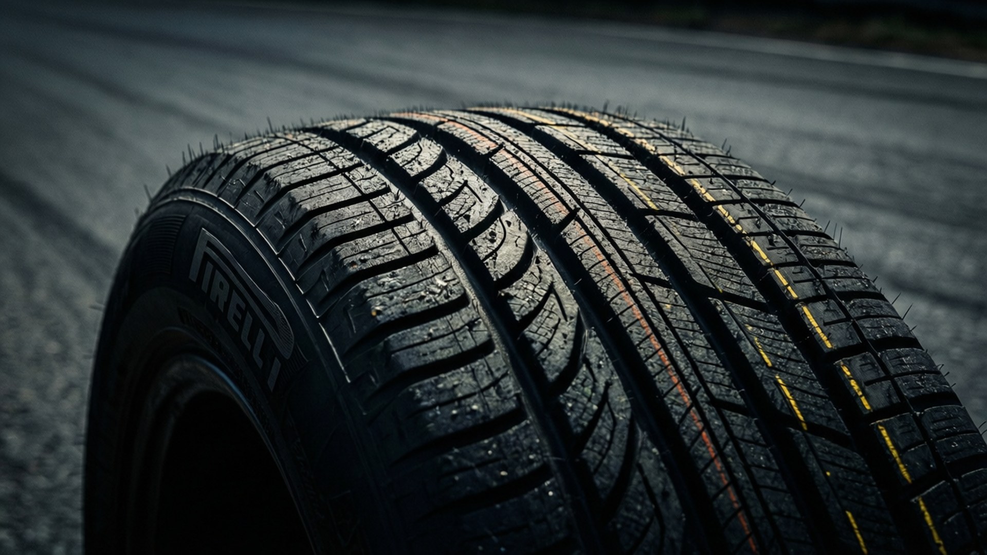 Pirelli 桌布 壁紙 — Pirelli輪胎在瀝青上的特寫，具有詳細的胎面花紋和潮濕表面反射。