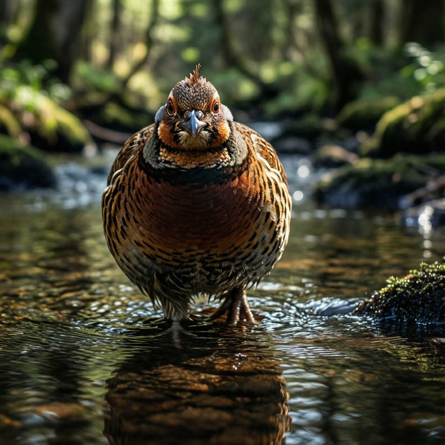 Grouse 桌布 壁紙 — 一隻肥美的野雞站在陽光明媚的森林溪流中，周圍有長滿苔蘚的岩石和斑駁的光影。
