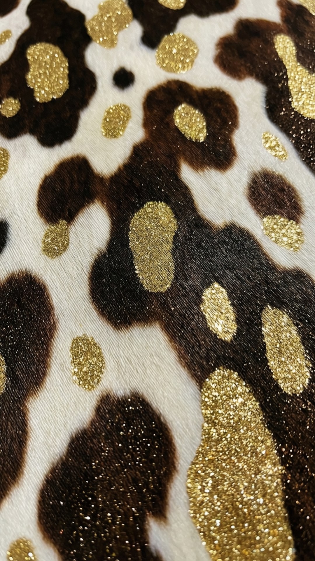 Gold Glitter Cow Print 壁紙 — 特寫柔軟布料，帶有棕色和白色豹紋斑點，並以閃亮金色補丁點綴。
